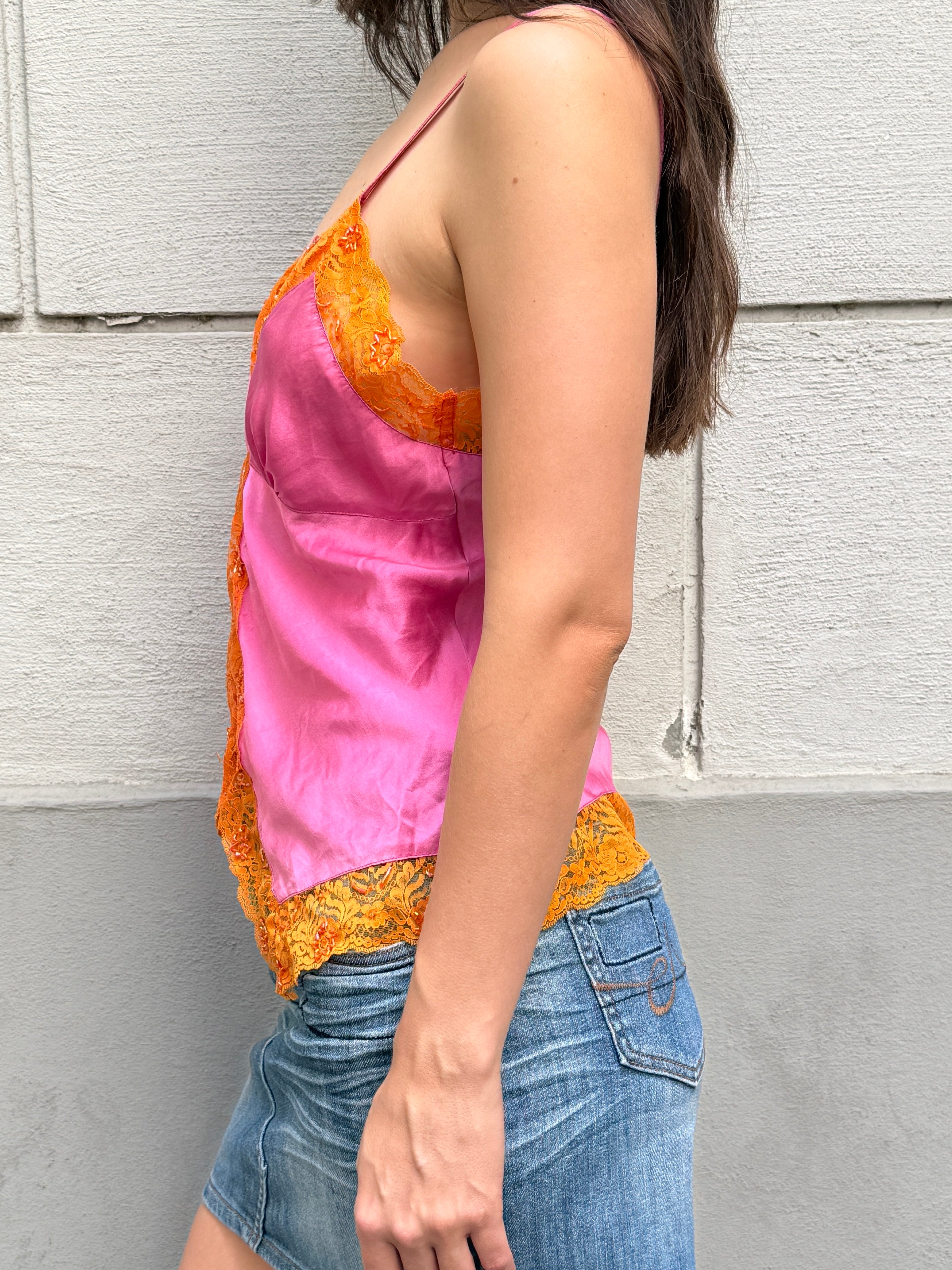 Vintage Y2K 100% Silk Orange & Pink Camisole Top M/L