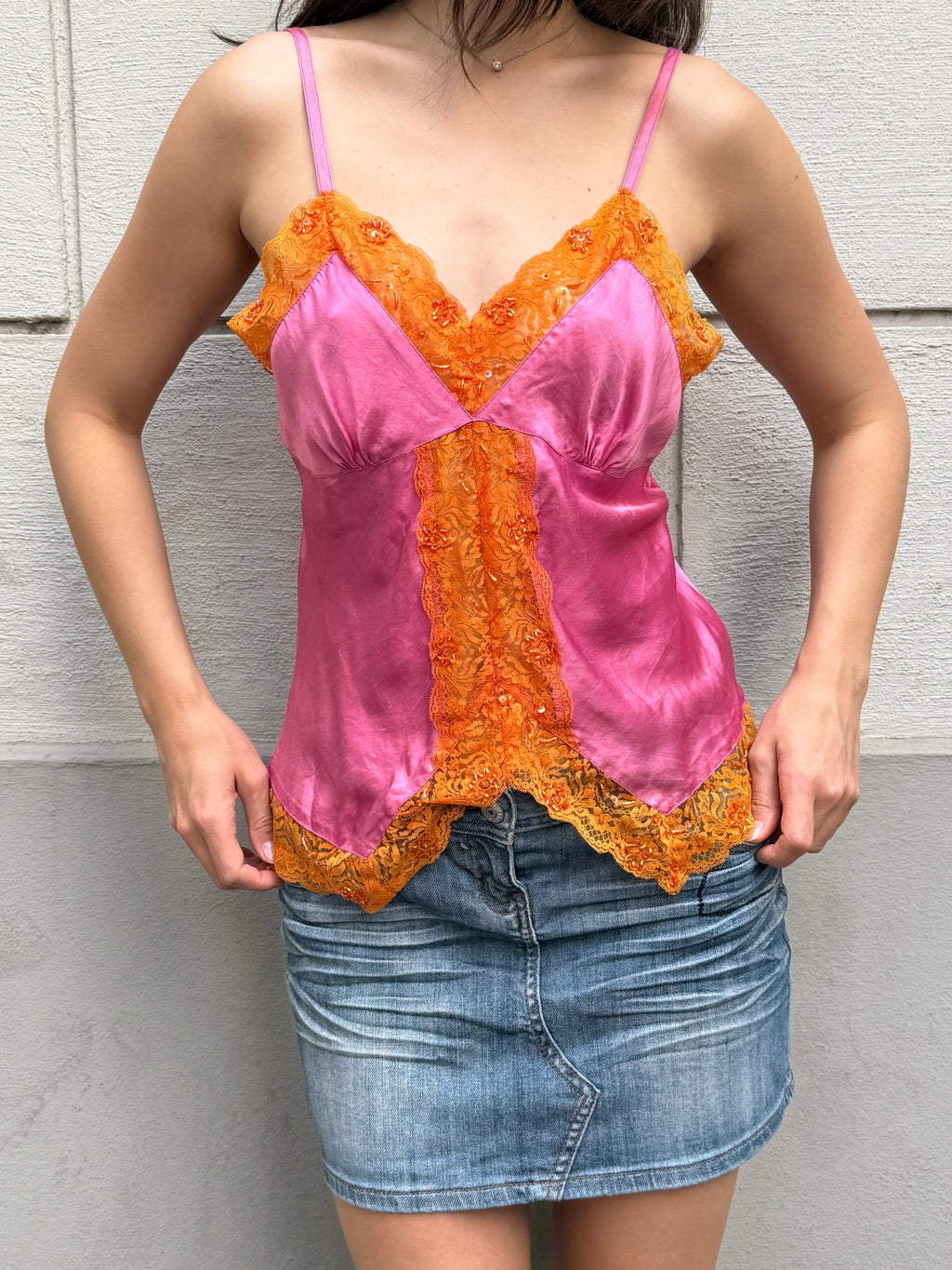 Vintage Y2K 100% Silk Orange & Pink Camisole Top M/L