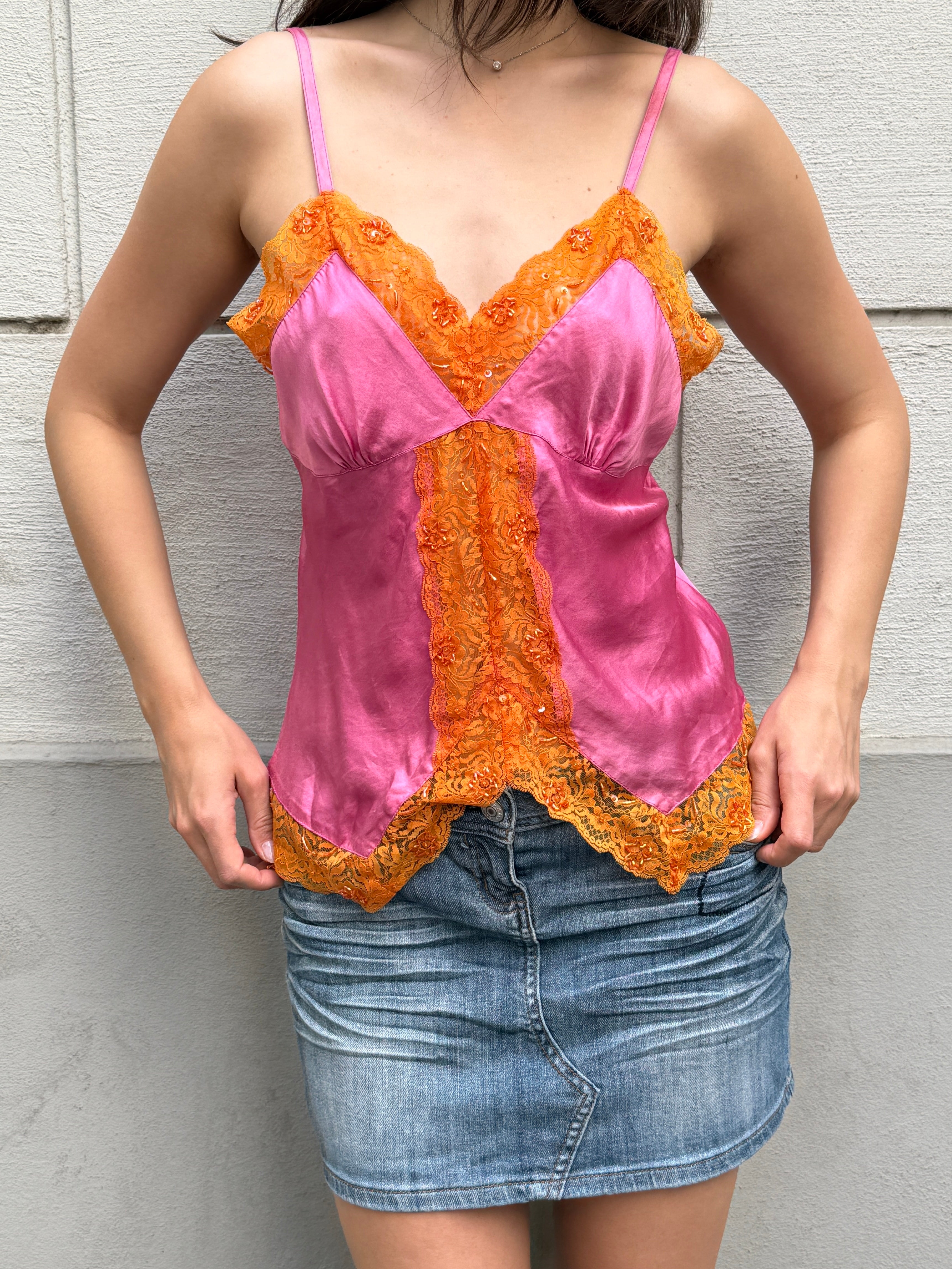 Vintage Y2K 100% Silk Orange & Pink Camisole Top M/L