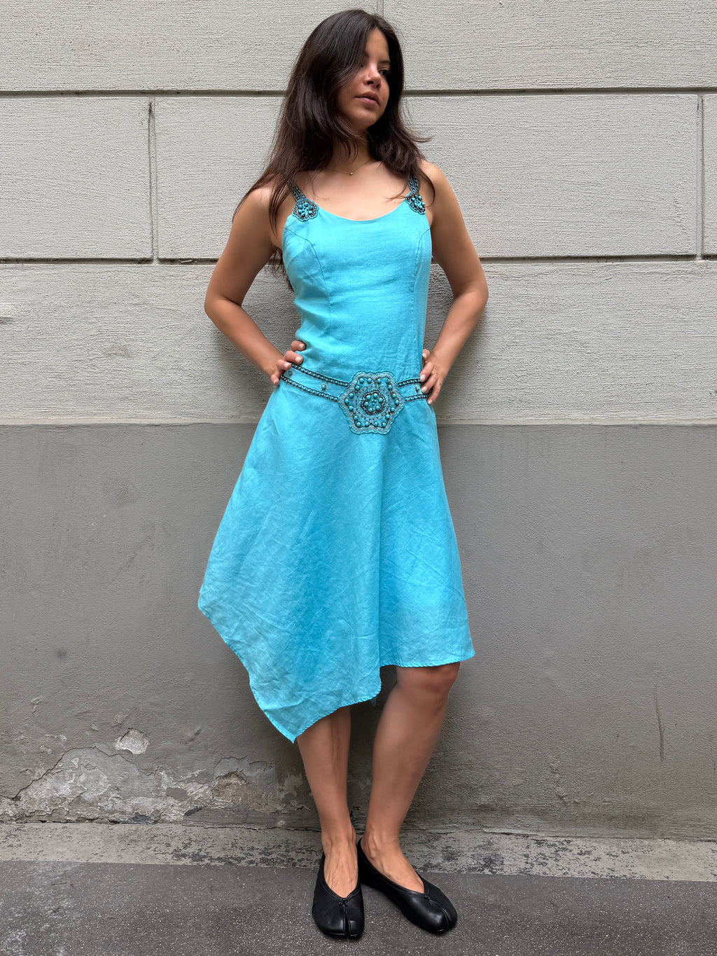 Vintage Y2K 100% Linen Turquoise Asymmetrical Dress M