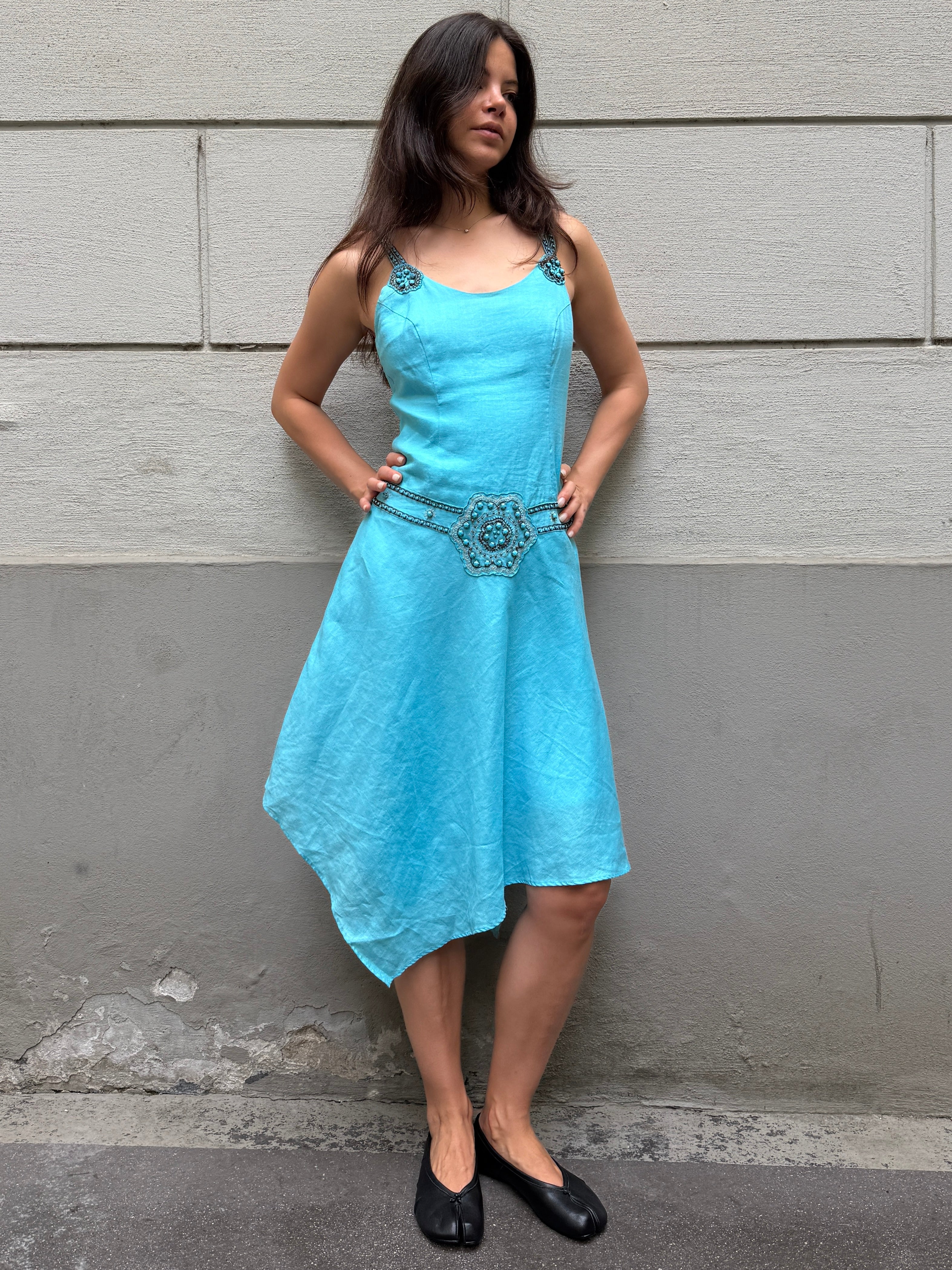 Vintage Y2K 100% Linen Turquoise Asymmetrical Dress M