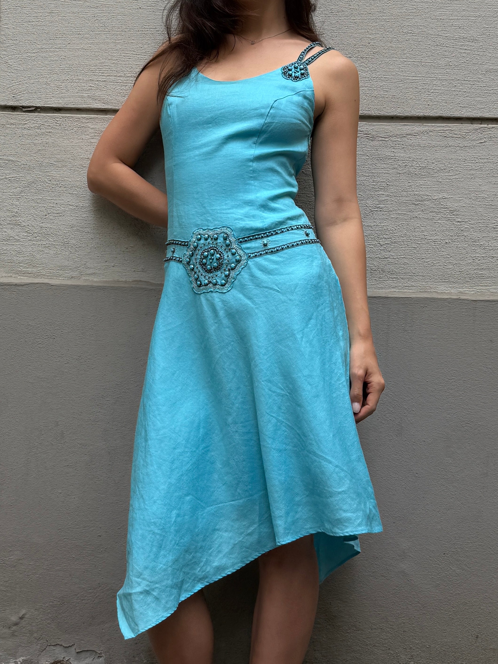 Vintage Y2K 100% Linen Turquoise Asymmetrical Dress M