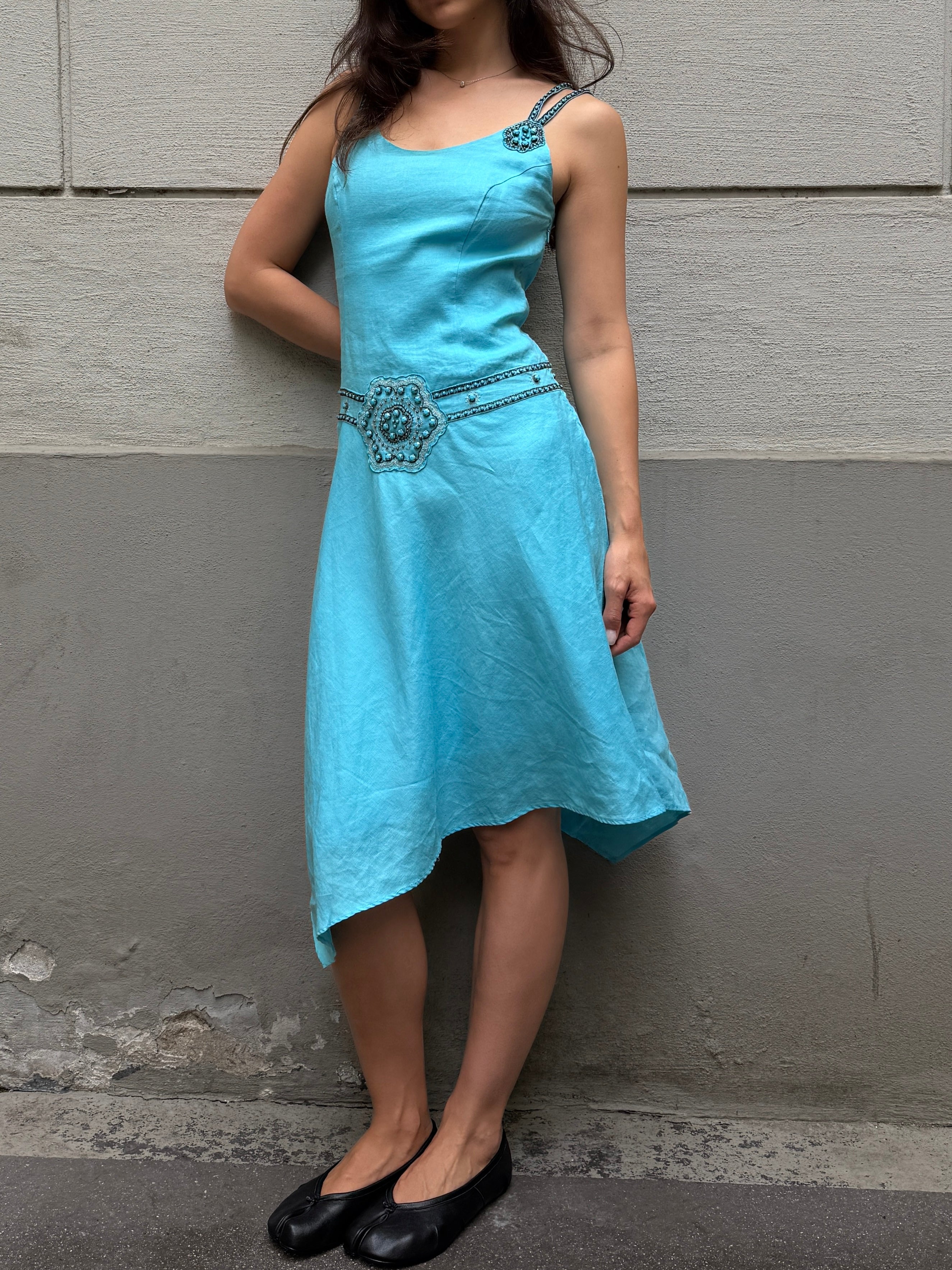 Vintage Y2K 100% Linen Turquoise Asymmetrical Dress M