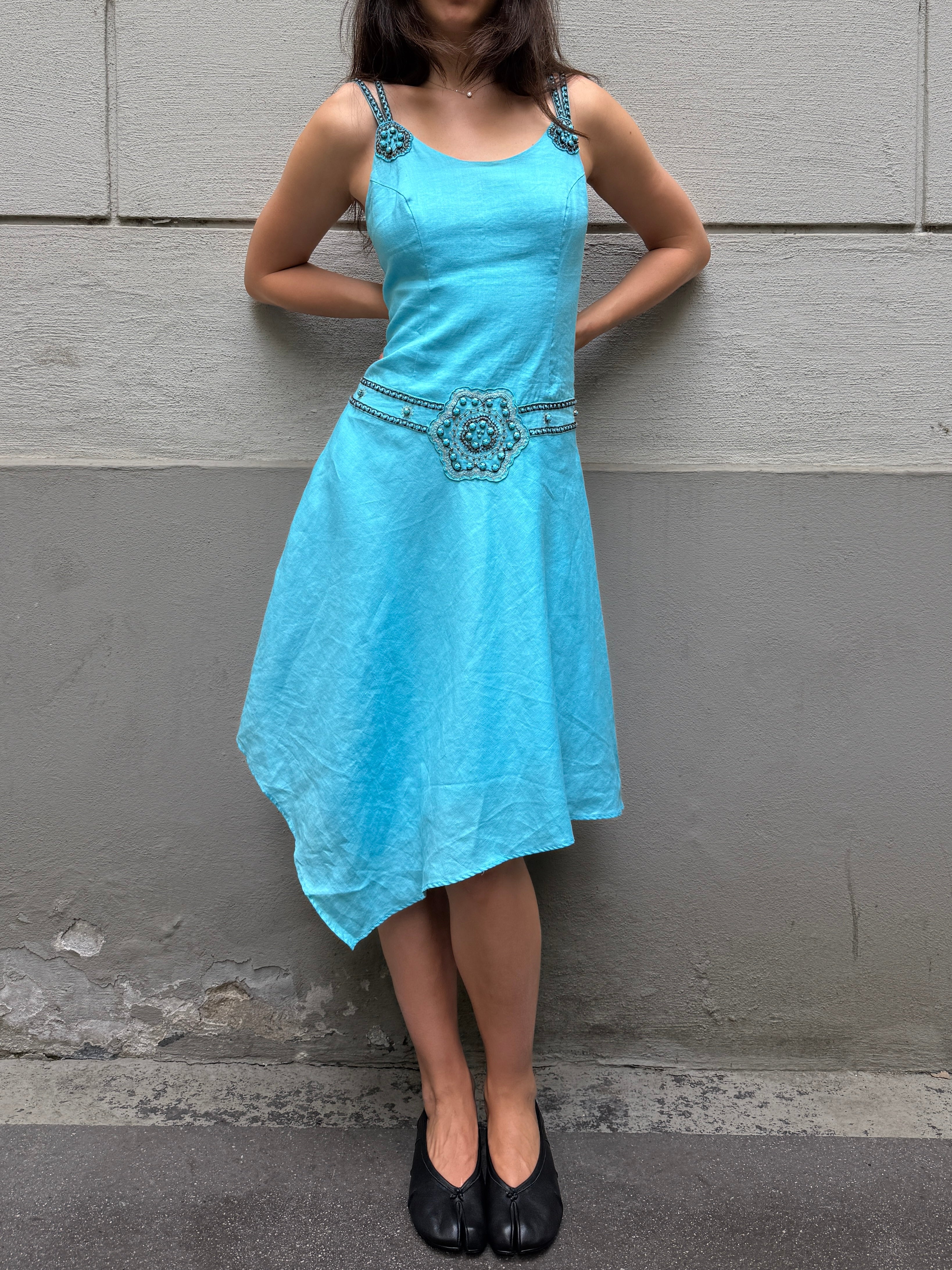 Vintage Y2K 100% Linen Turquoise Asymmetrical Dress M