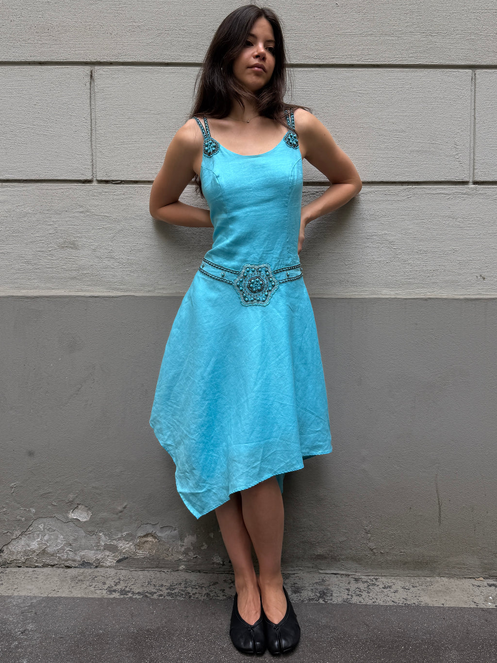 Vintage Y2K 100% Linen Turquoise Asymmetrical Dress M