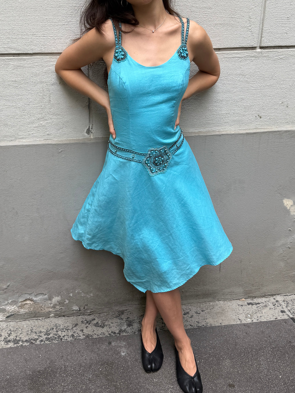 Vintage Y2K 100% Linen Turquoise Asymmetrical Dress M