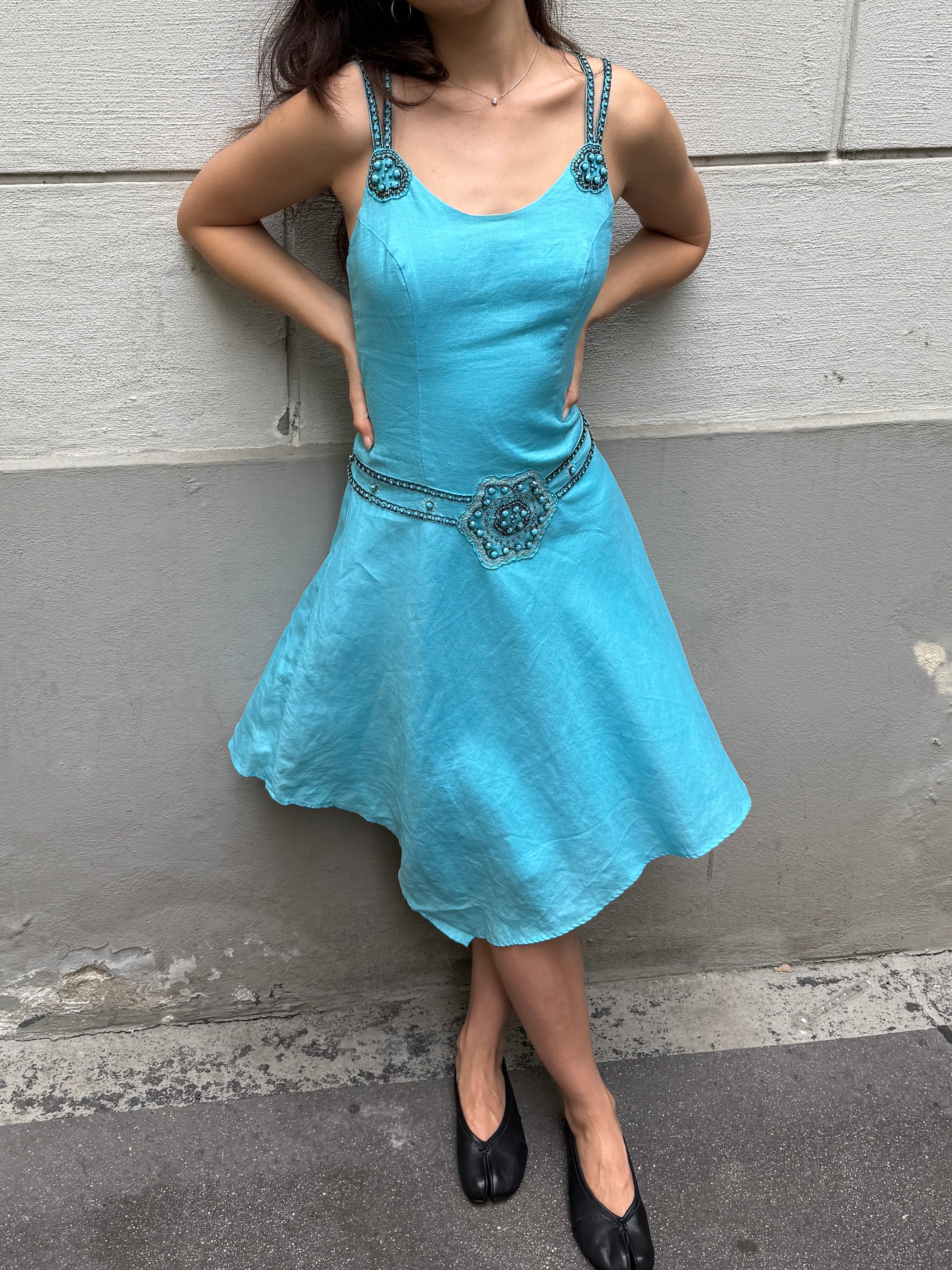 Vintage Y2K 100% Linen Turquoise Asymmetrical Dress M