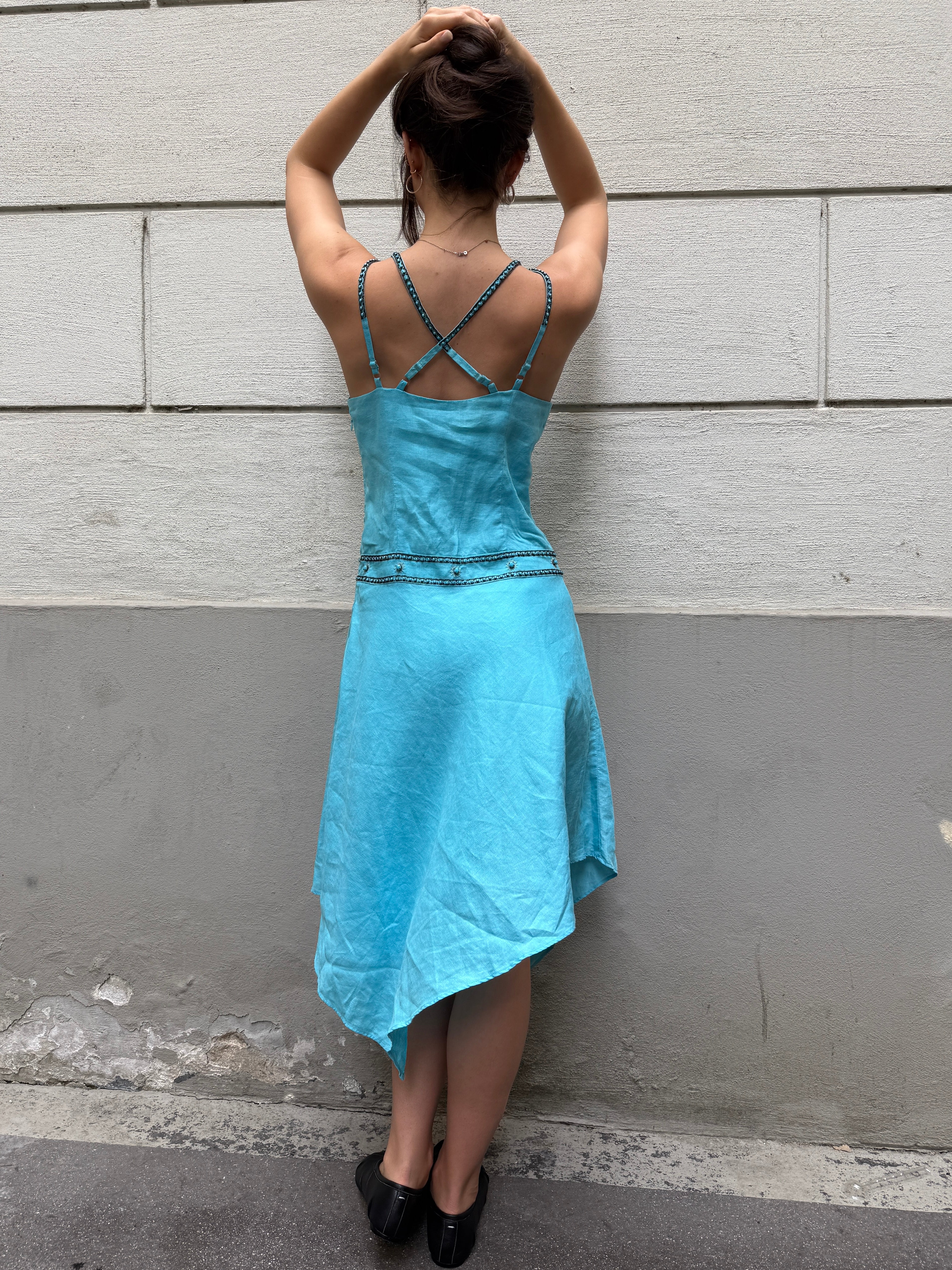 Vintage Y2K 100% Linen Turquoise Asymmetrical Dress M