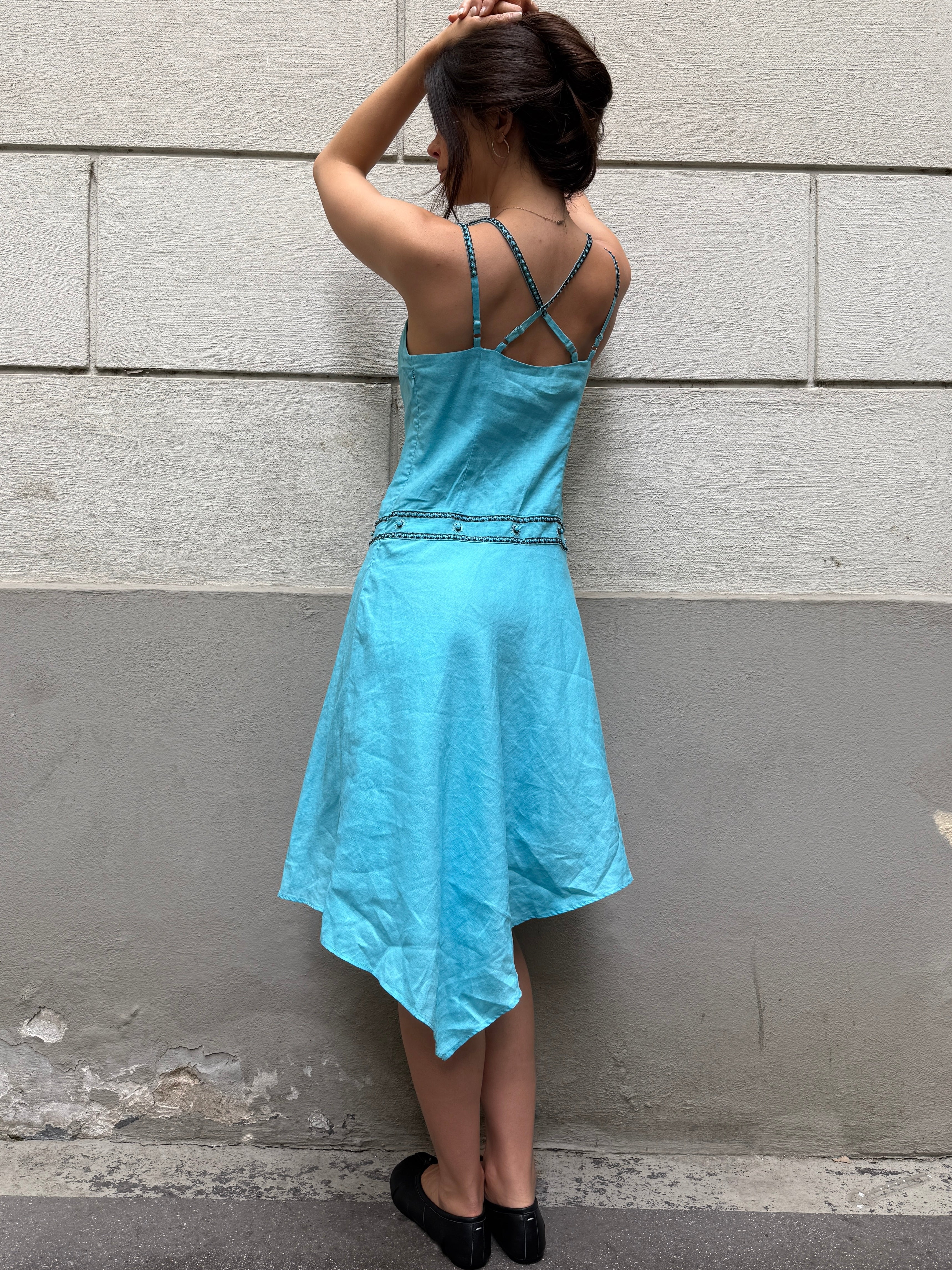 Vintage Y2K 100% Linen Turquoise Asymmetrical Dress M