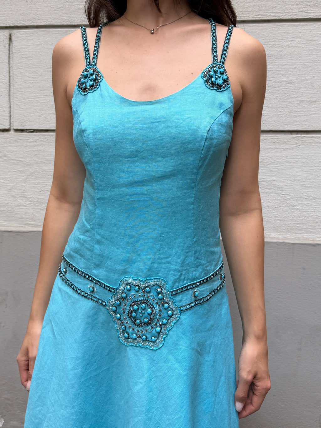 Vintage Y2K 100% Linen Turquoise Asymmetrical Dress M