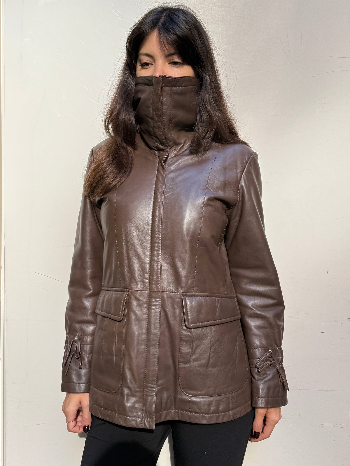 Vintage 100% Genuine Leather Brown High Neck Jacket M