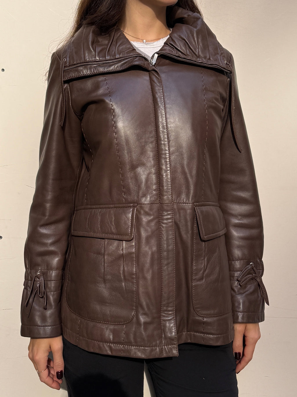 Vintage 100% Genuine Leather Brown High Neck Jacket M