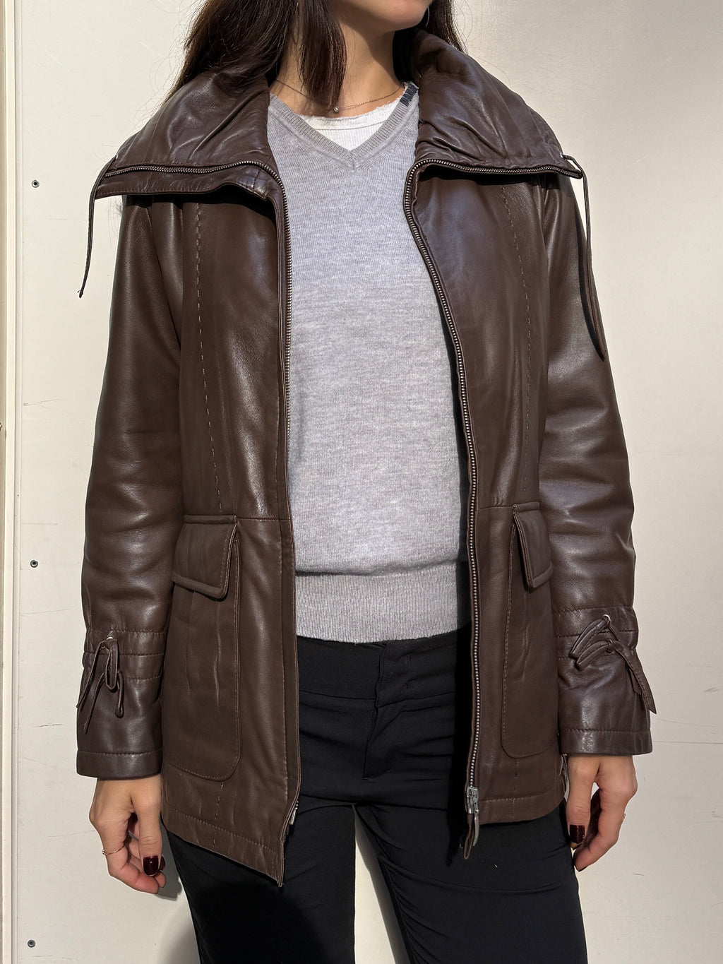 Vintage 100% Genuine Leather Brown High Neck Jacket M
