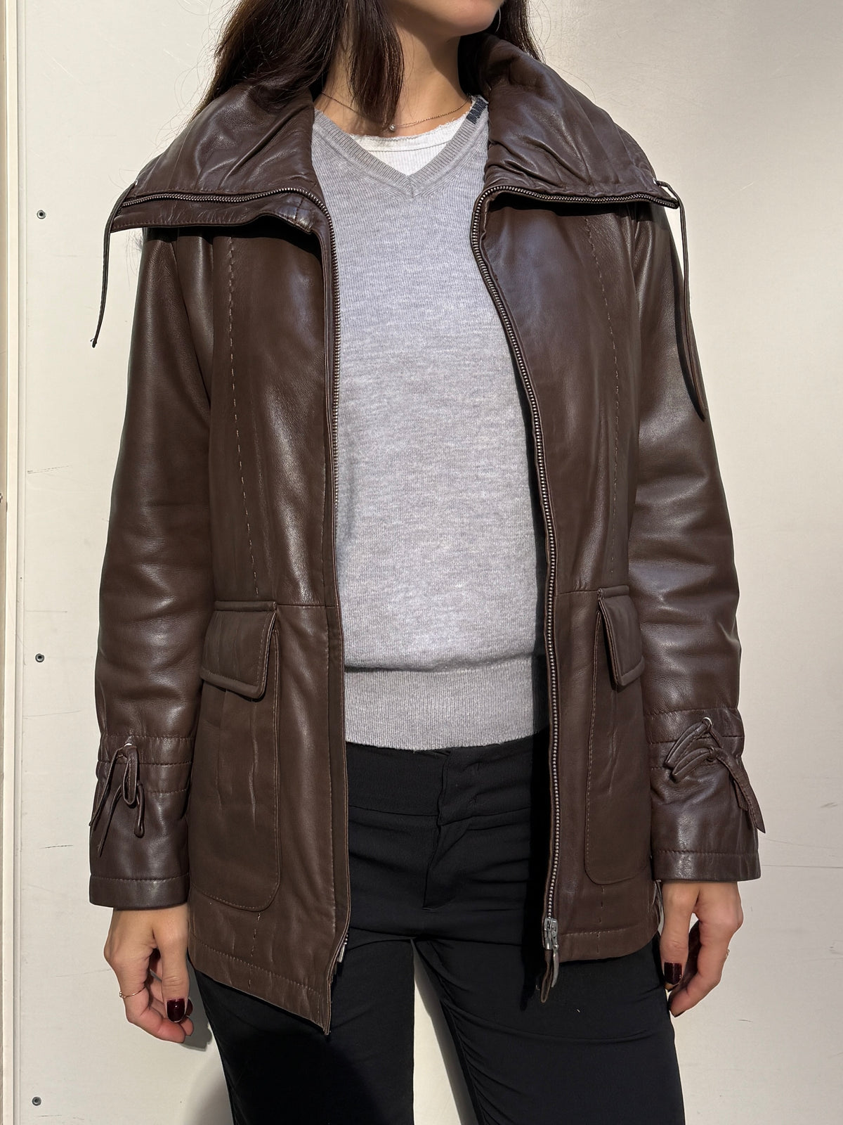 Vintage 100% Genuine Leather Brown High Neck Jacket M