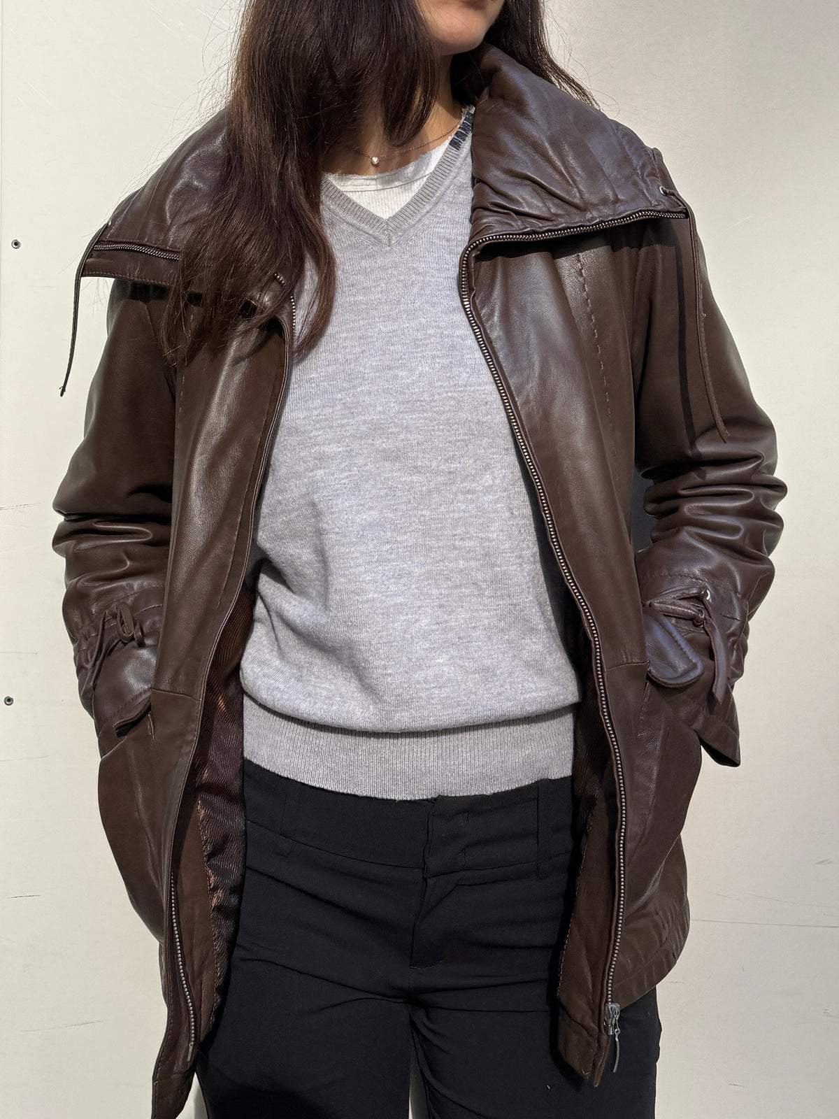 Vintage 100% Genuine Leather Brown High Neck Jacket M