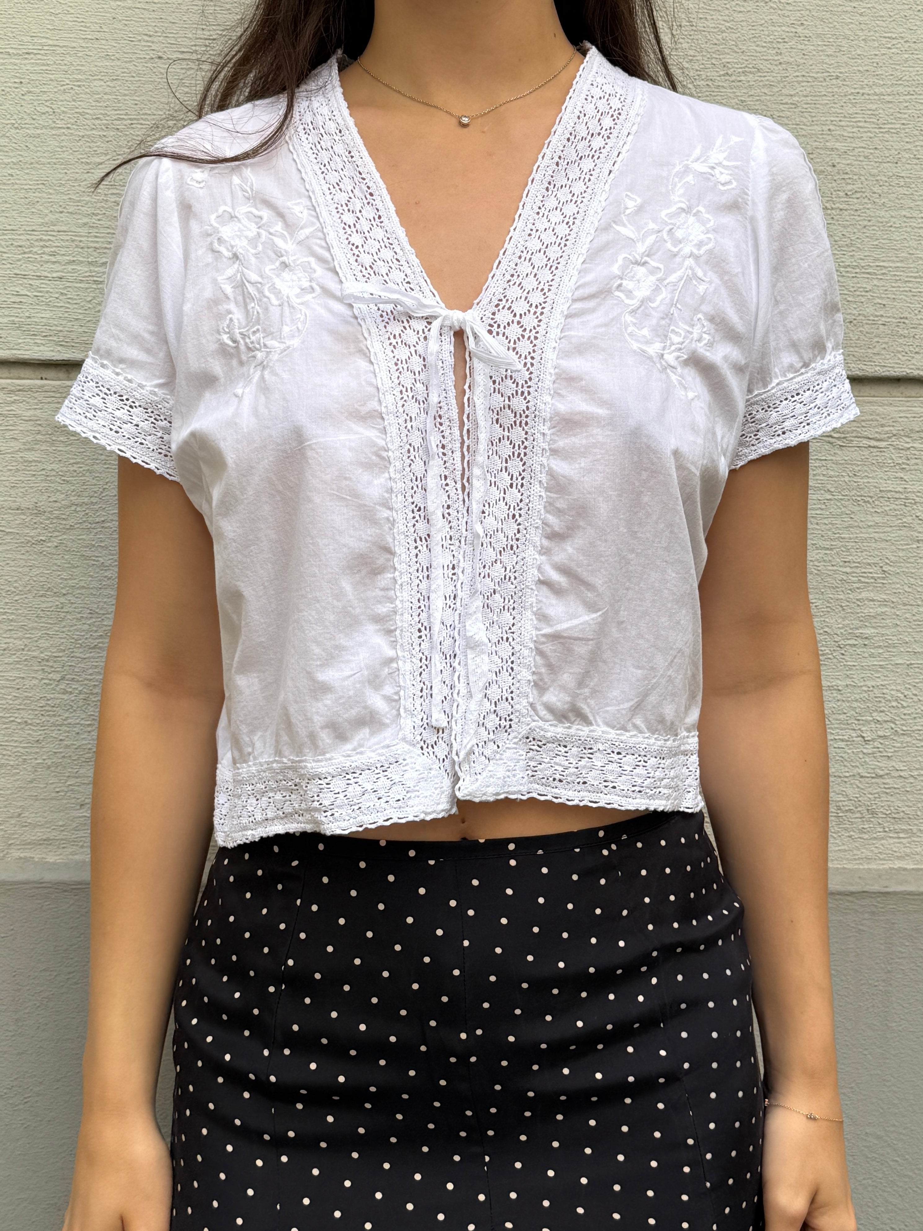 Vintage 100% Cotton Front Tie Blouse S/M