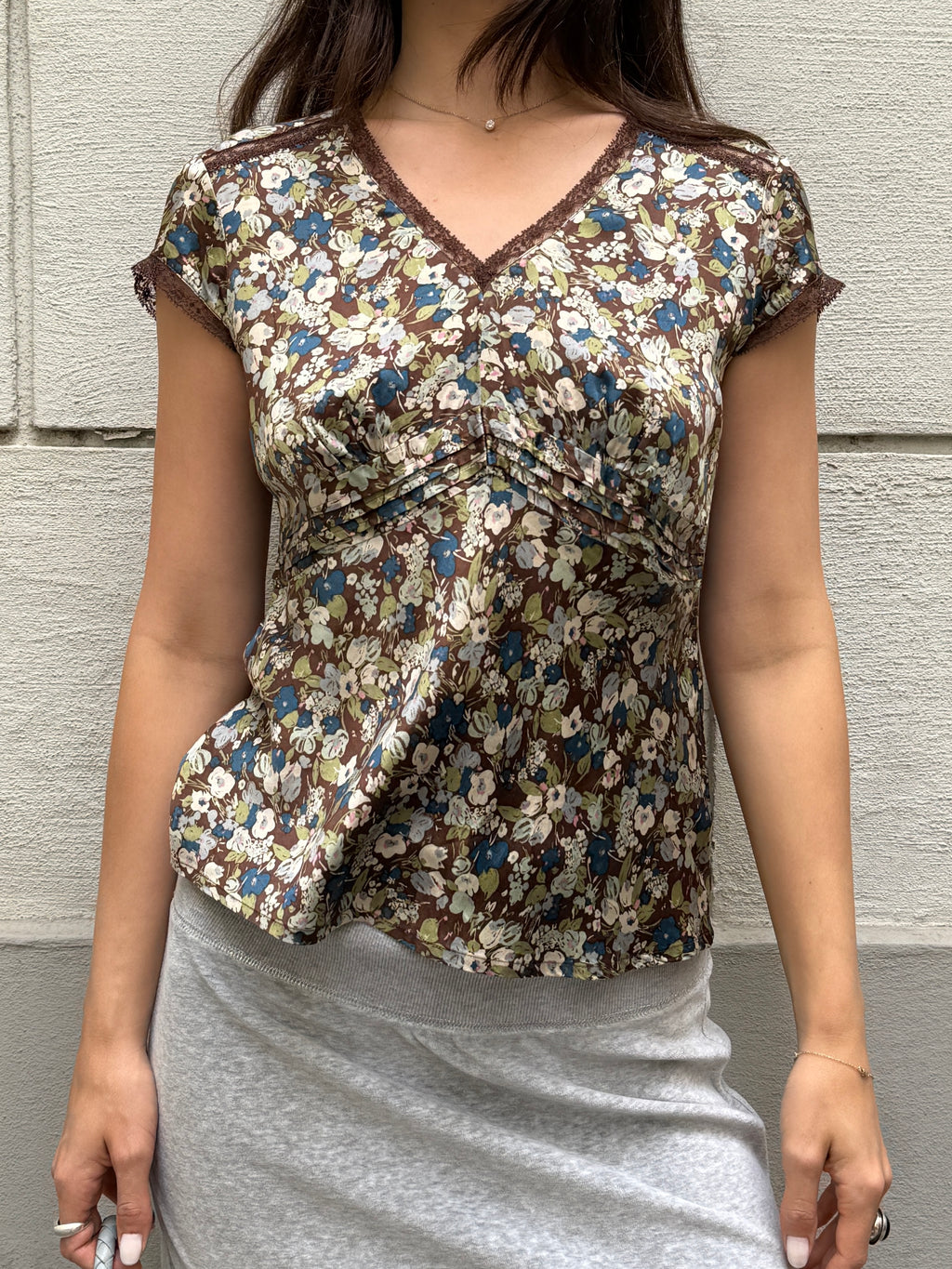 Vintage 100% Silk Lace Trim Floral Blouse M