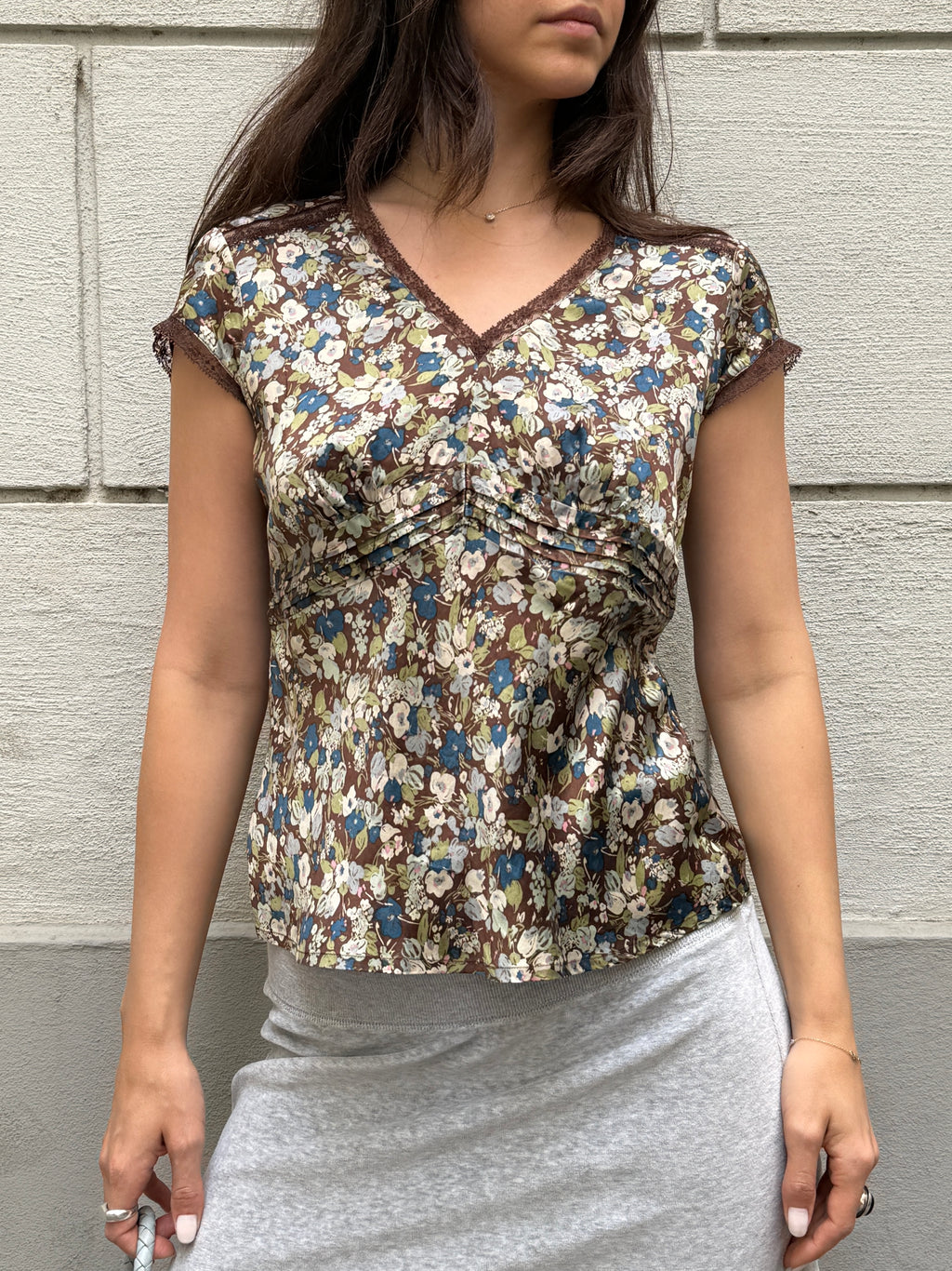 Vintage 100% Silk Lace Trim Floral Blouse M