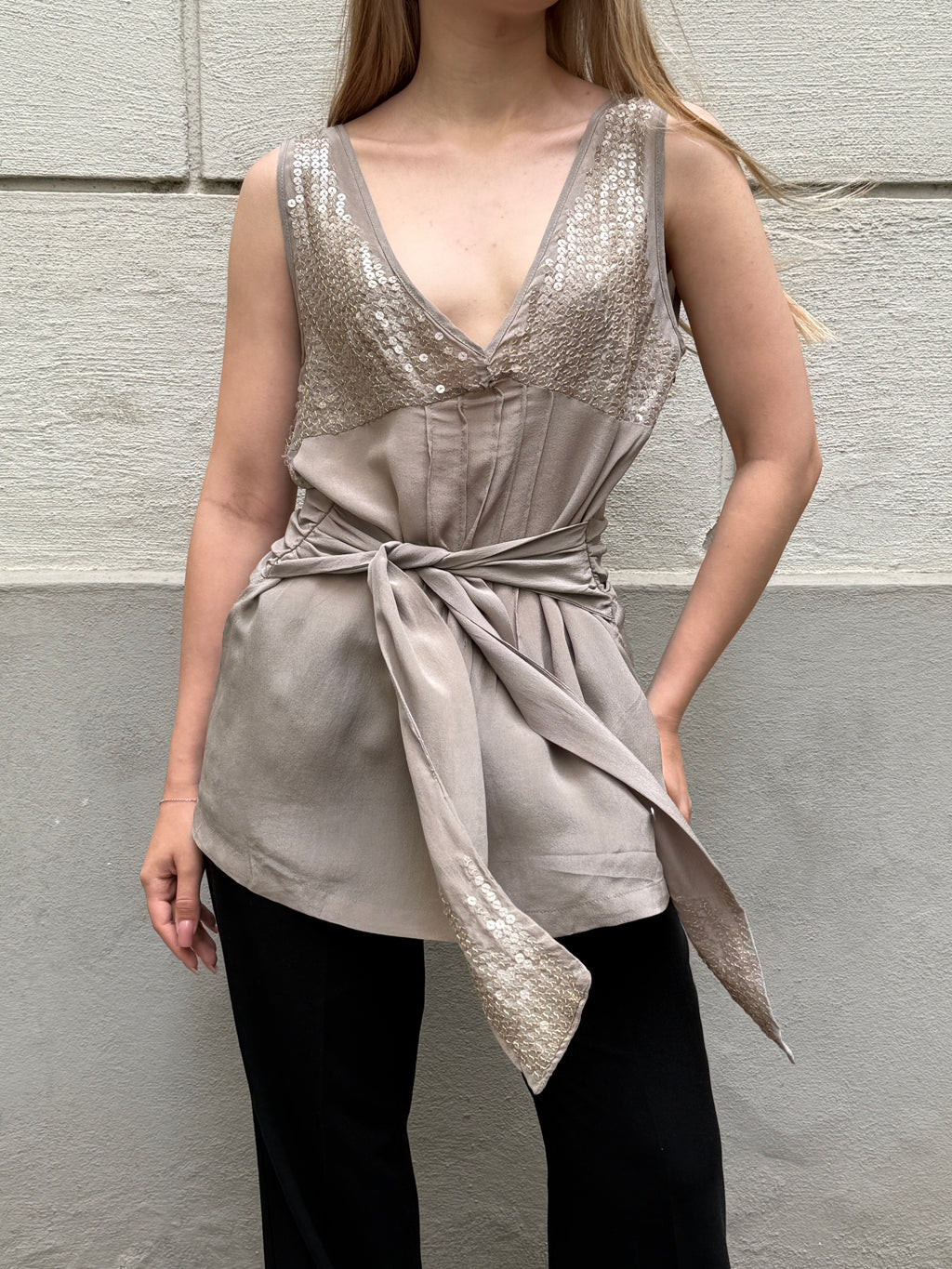 Vintage Y2K 100% Silk Sequin Light Taupe Blouse Top S/Petite