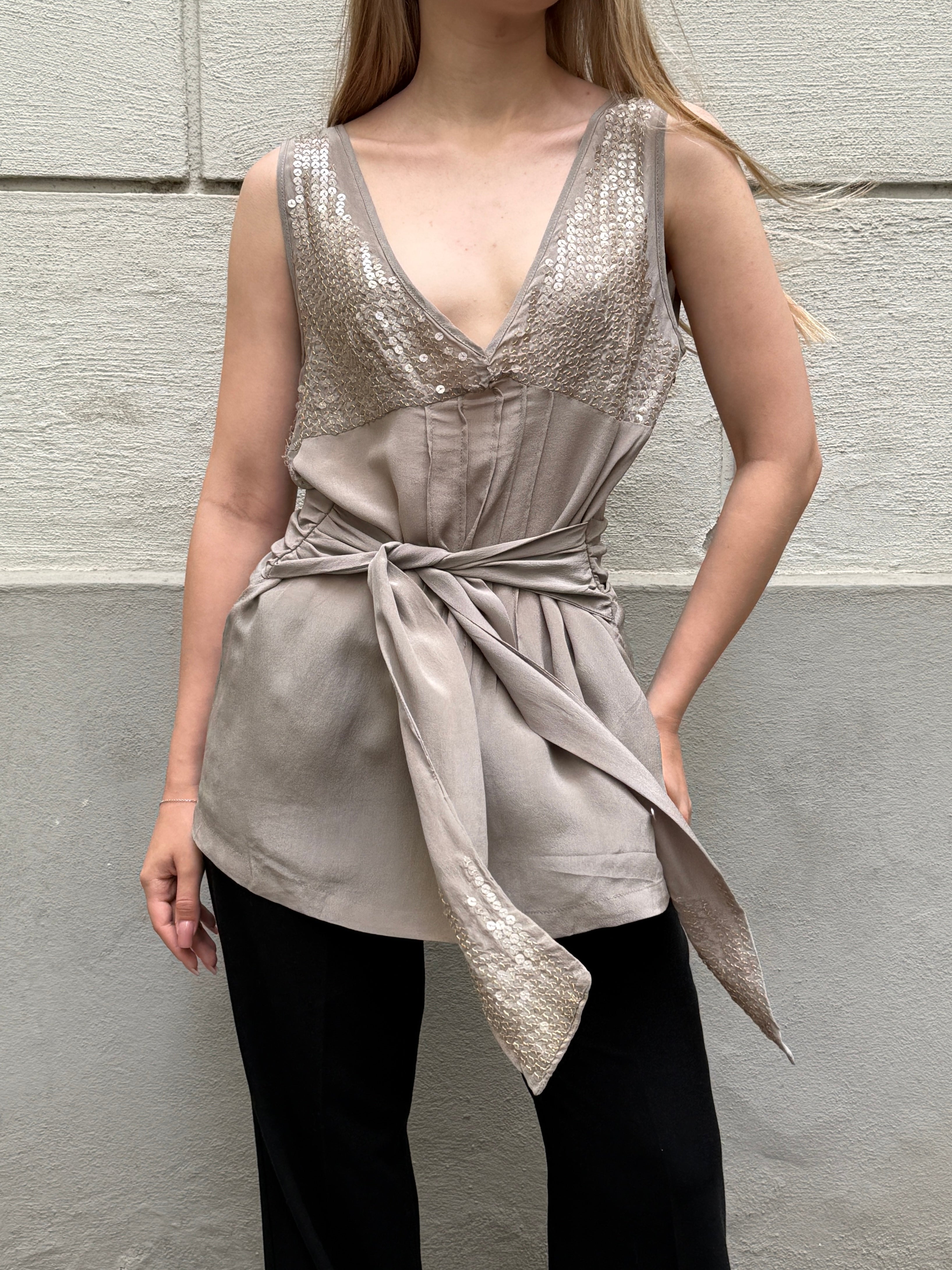 Vintage Y2K 100% Silk Sequin Light Taupe Blouse Top S/Petite