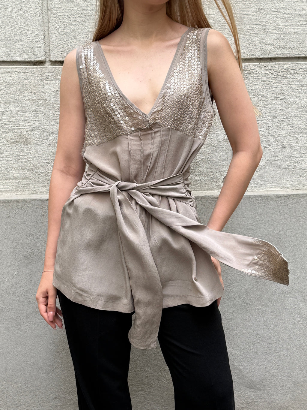 Vintage Y2K 100% Silk Sequin Light Taupe Blouse Top S/Petite