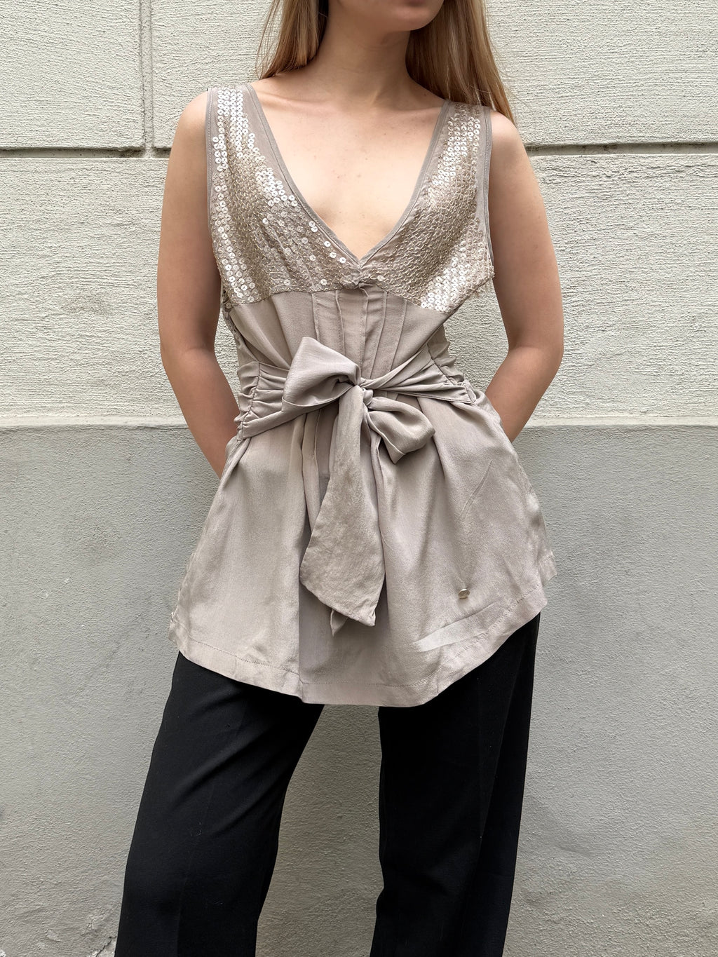 Vintage Y2K 100% Silk Sequin Light Taupe Blouse Top S/Petite
