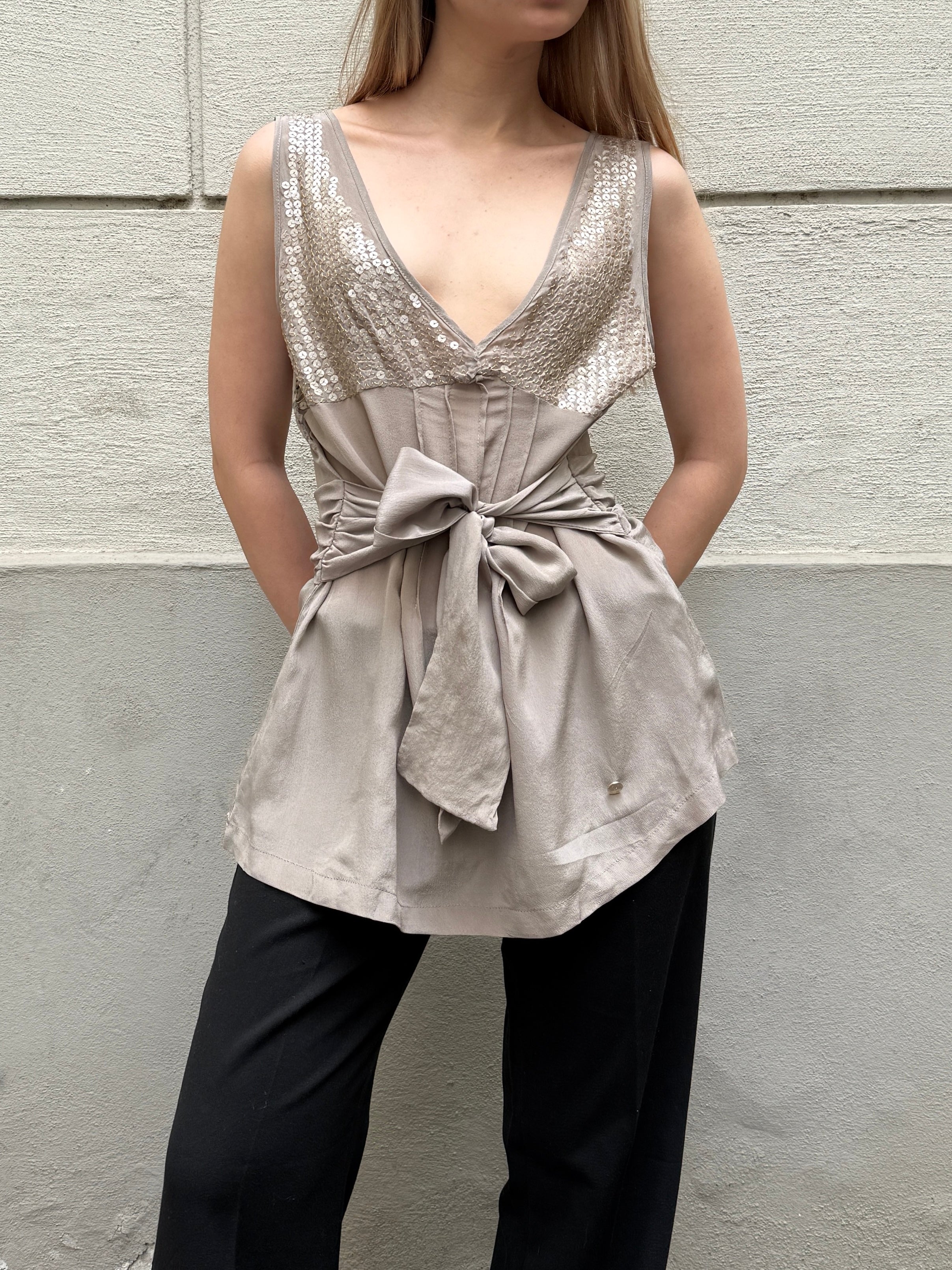 Vintage Y2K 100% Silk Sequin Light Taupe Blouse Top S/Petite