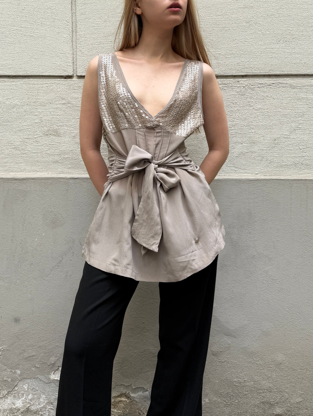 Vintage Y2K 100% Silk Sequin Light Taupe Blouse Top S/Petite