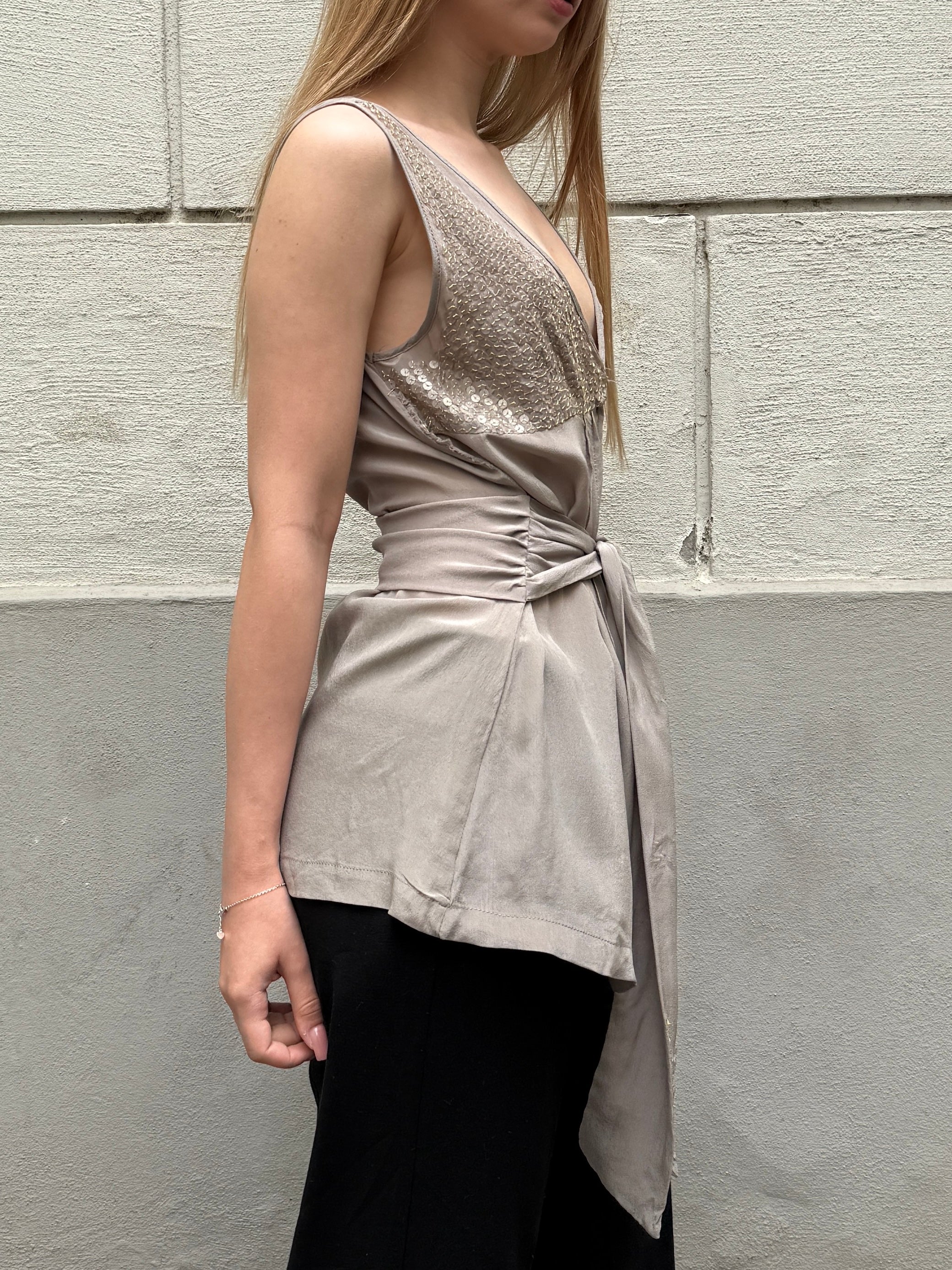 Vintage Y2K 100% Silk Sequin Light Taupe Blouse Top S/Petite