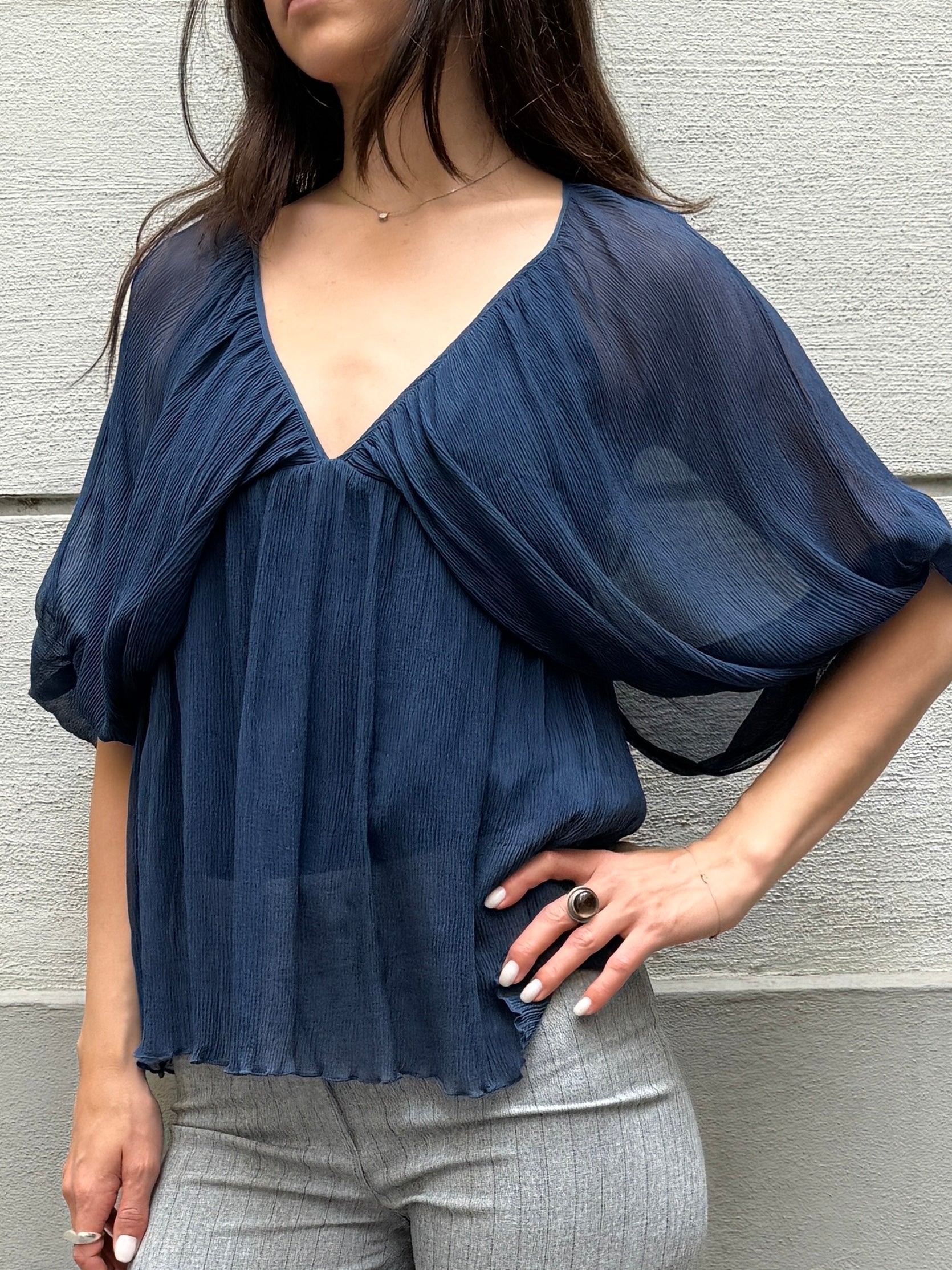 Vintage Sisley Blue Sheer Blouse S