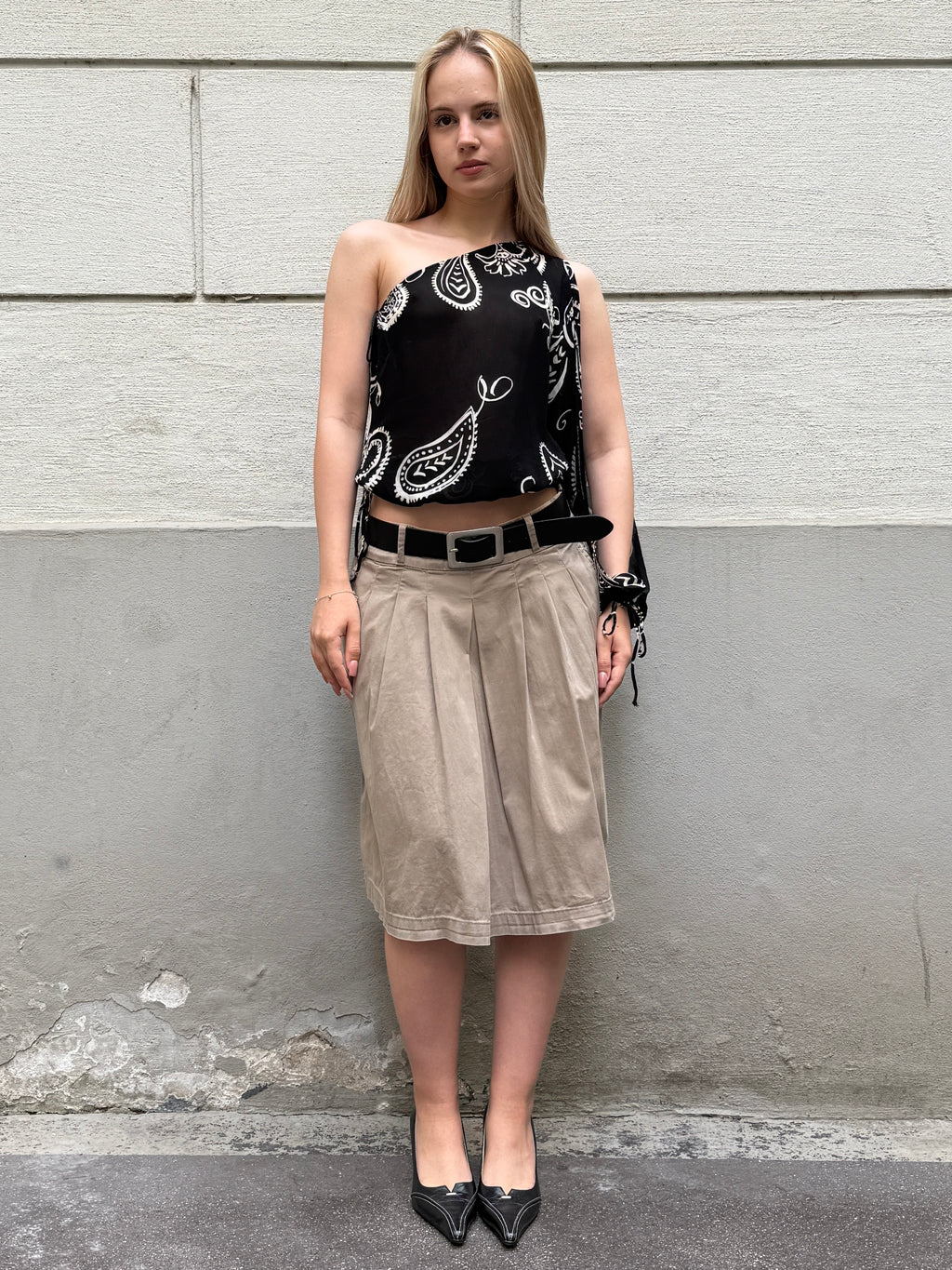 Vintage Sisley Cotton Khaki Pleated Skirt S