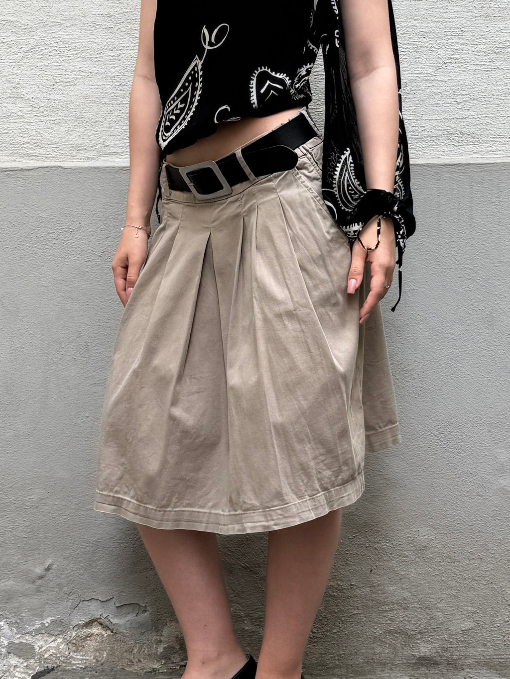 Vintage Sisley Cotton Khaki Pleated Skirt S