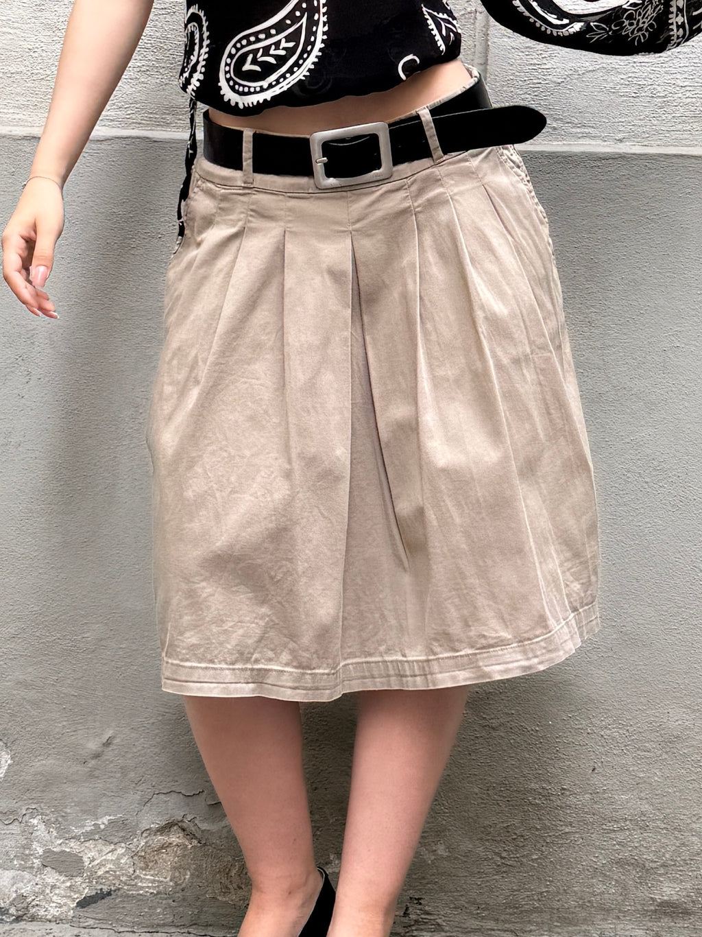 Vintage Sisley Cotton Khaki Pleated Skirt S