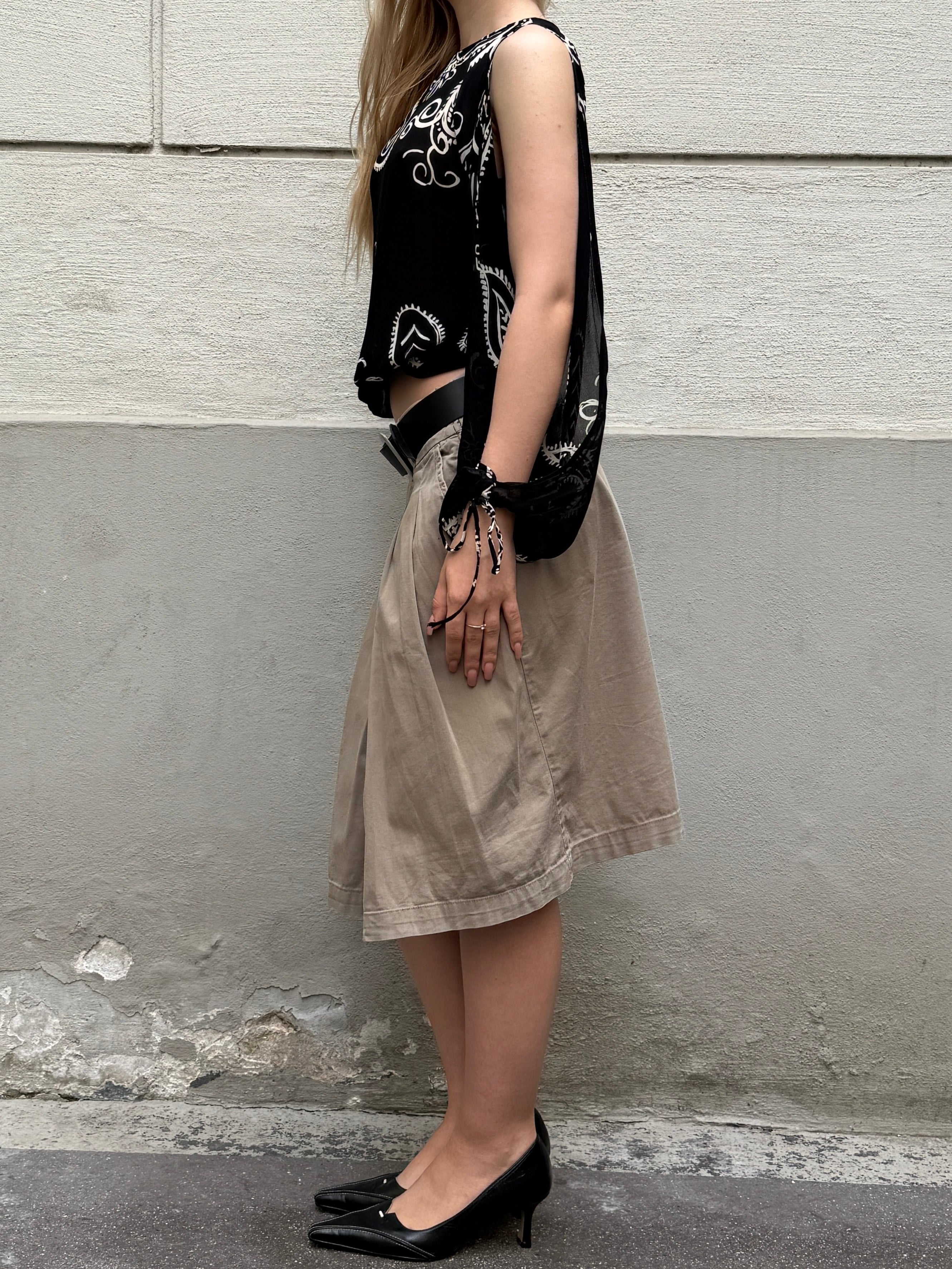 Vintage Sisley Cotton Khaki Pleated Skirt S