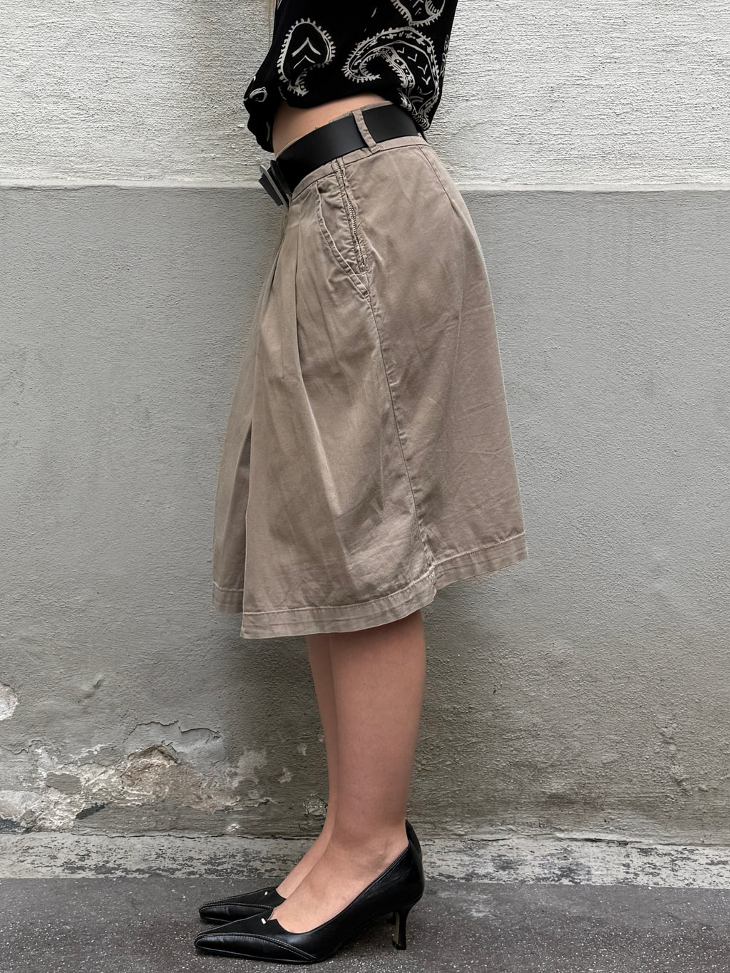 Vintage Sisley Cotton Khaki Pleated Skirt S