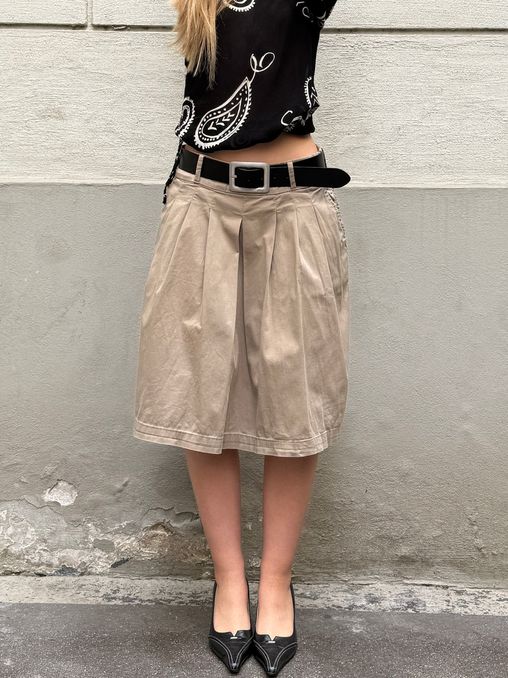 Vintage Sisley Cotton Khaki Pleated Skirt S