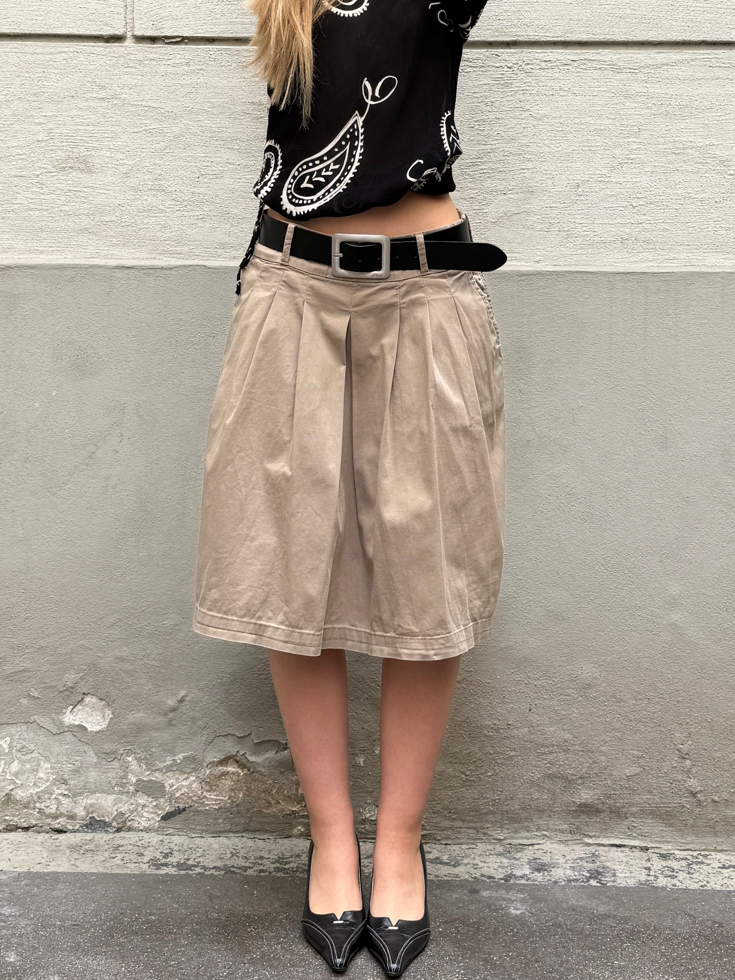 Vintage Sisley Cotton Khaki Pleated Skirt S