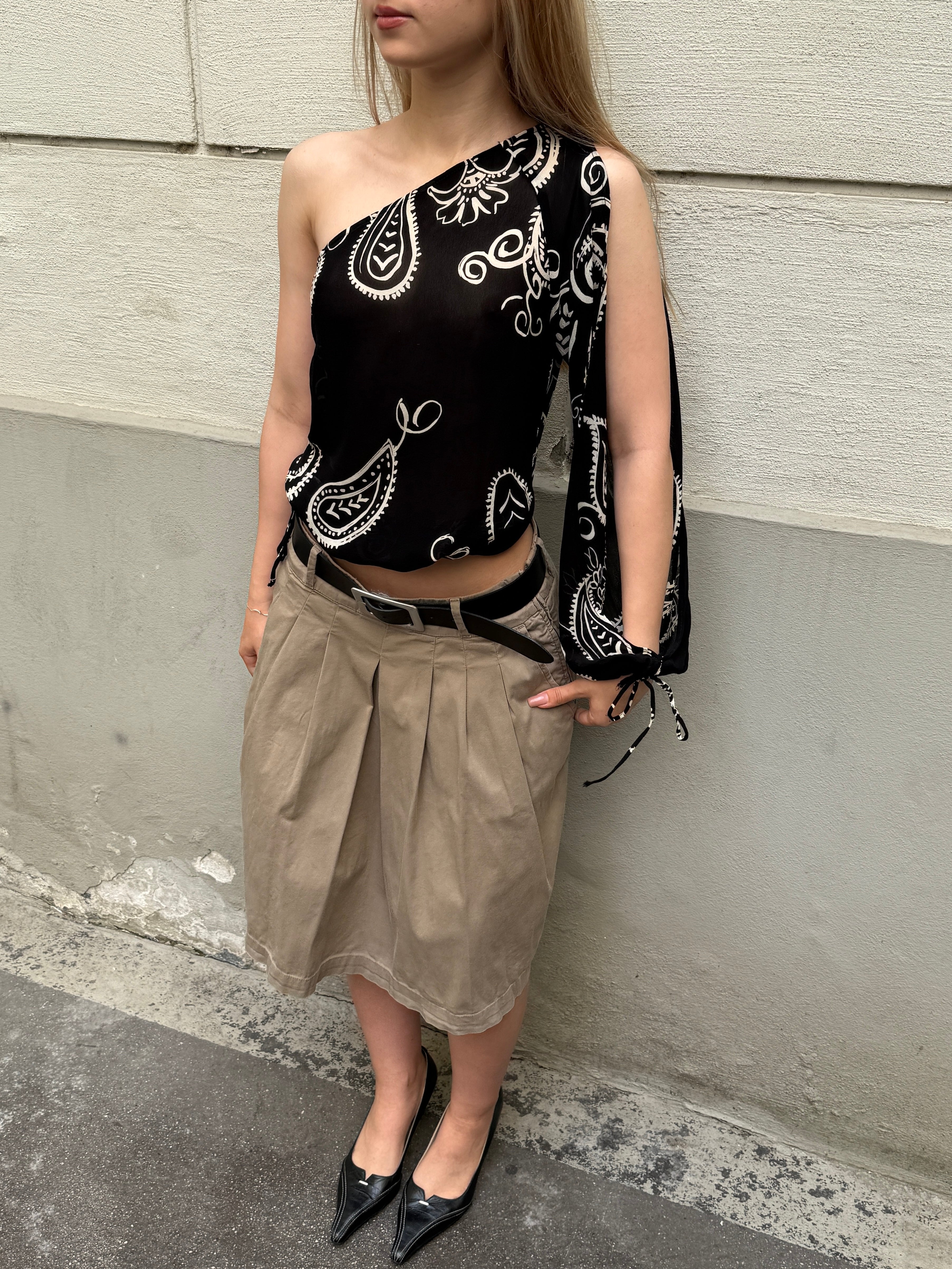 Vintage Sisley Cotton Khaki Pleated Skirt S