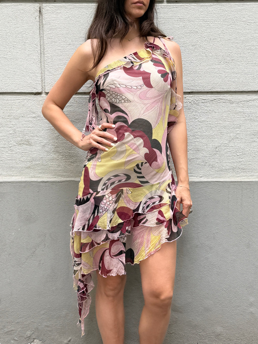 Vintage Y2K 100% Silk Ruffle Asymmetrical Mini Dress S/M