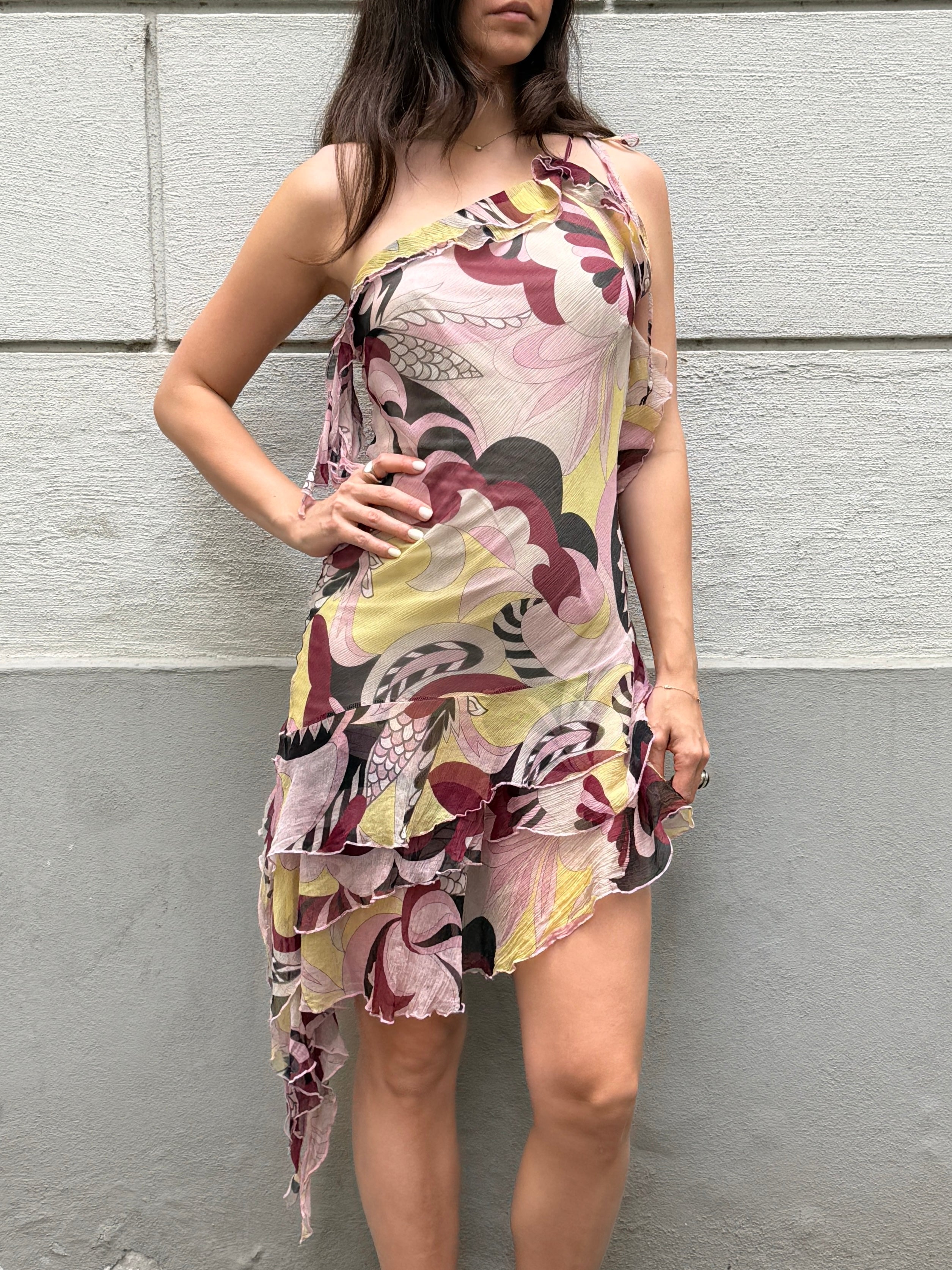 Vintage Y2K 100% Silk Ruffle Asymmetrical Mini Dress S/M