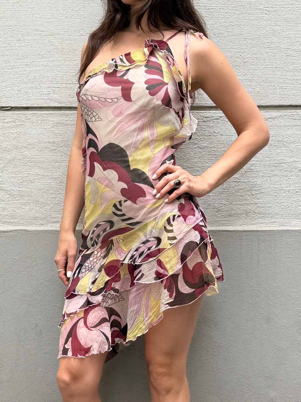Vintage Y2K 100% Silk Ruffle Asymmetrical Mini Dress S/M