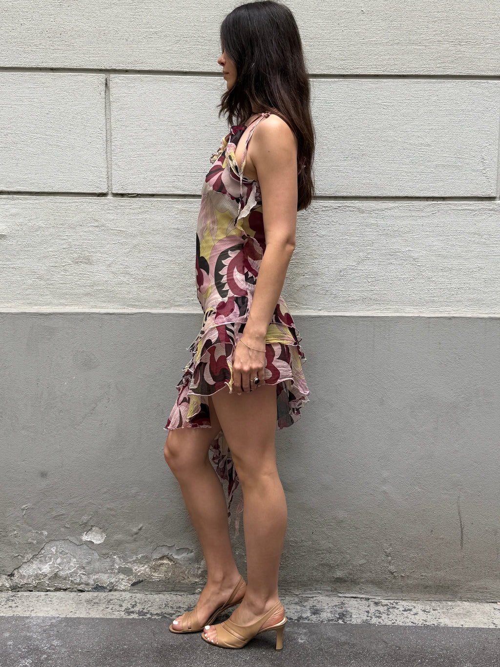 Vintage Y2K 100% Silk Ruffle Asymmetrical Mini Dress S/M