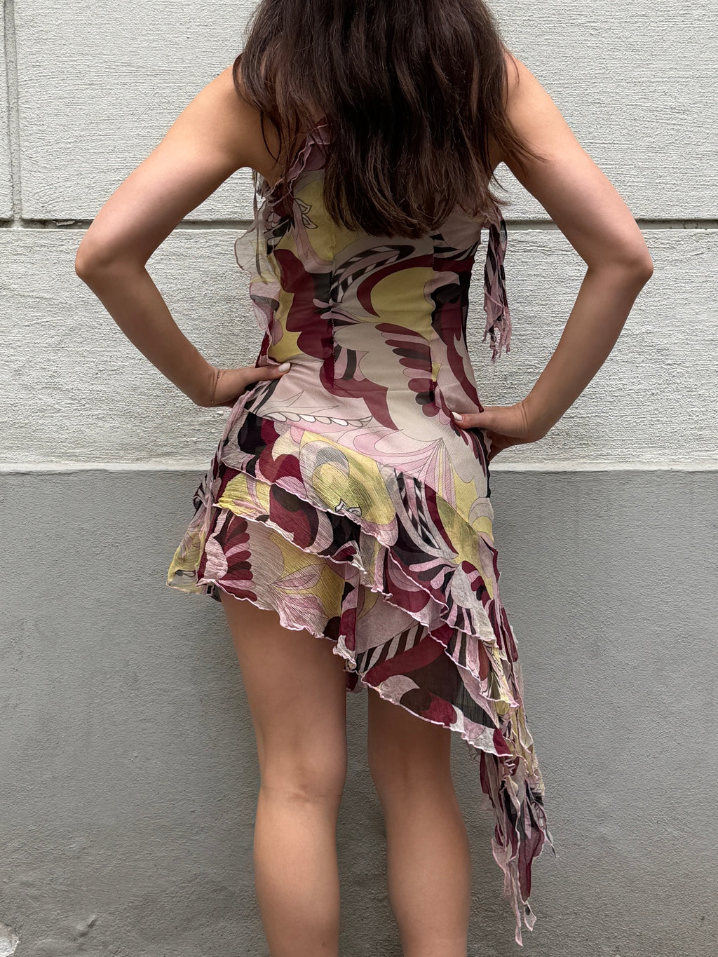 Vintage Y2K 100% Silk Ruffle Asymmetrical Mini Dress S/M