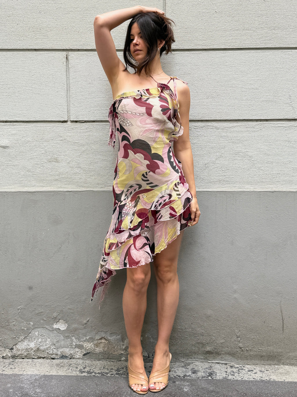Vintage Y2K 100% Silk Ruffle Asymmetrical Mini Dress S/M