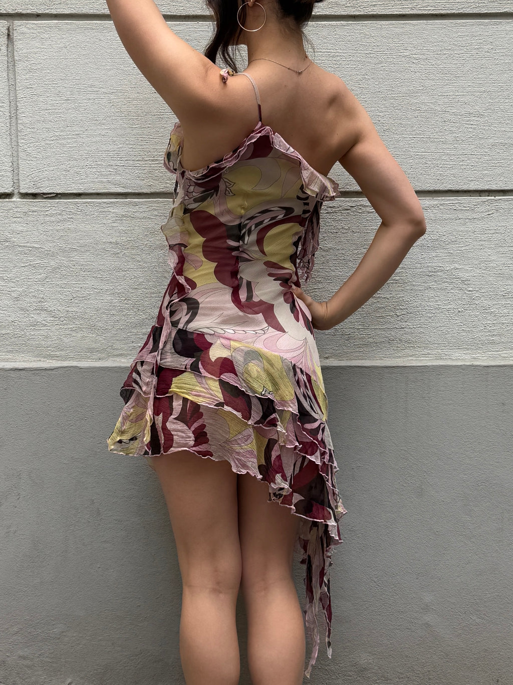 Vintage Y2K 100% Silk Ruffle Asymmetrical Mini Dress S/M