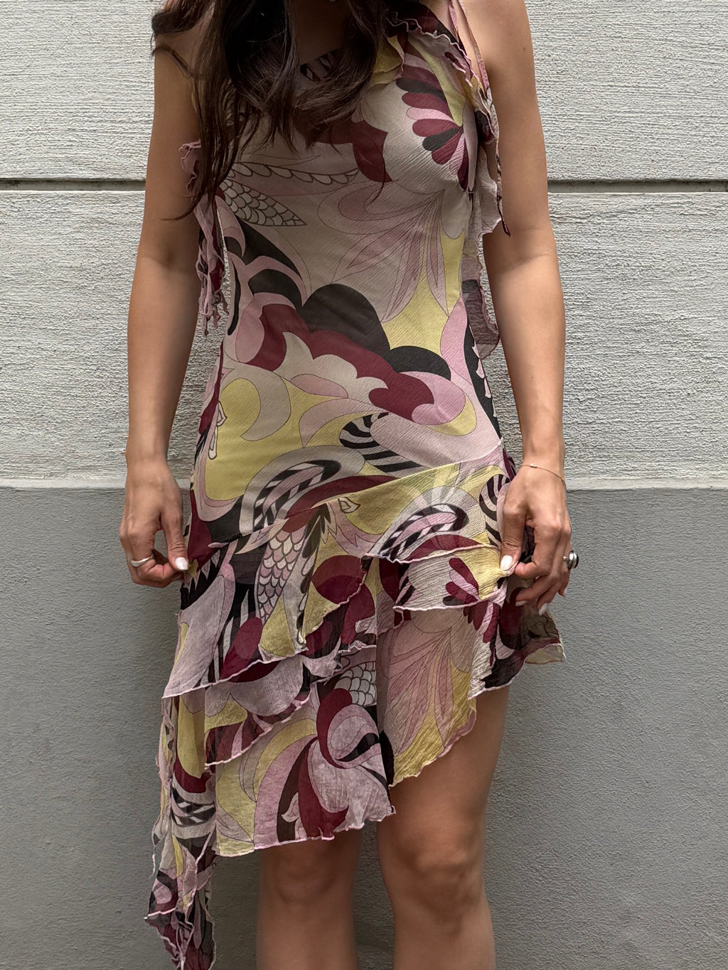 Vintage Y2K 100% Silk Ruffle Asymmetrical Mini Dress S/M