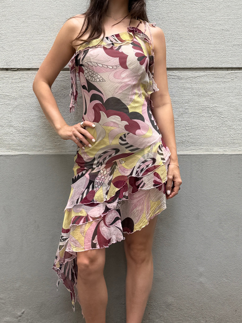 Vintage Y2K 100% Silk Ruffle Asymmetrical Mini Dress S/M