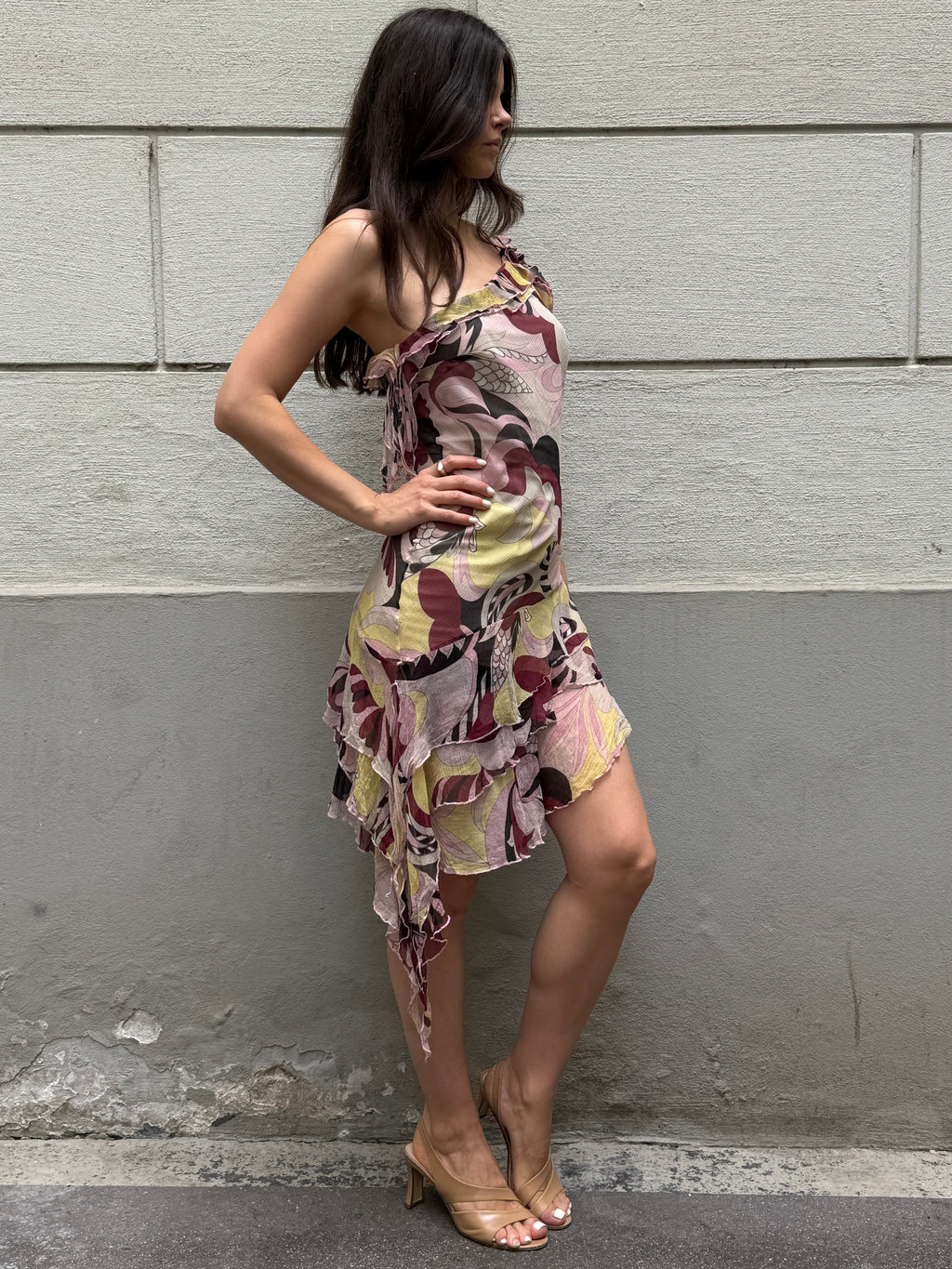 Vintage Y2K 100% Silk Ruffle Asymmetrical Mini Dress S/M