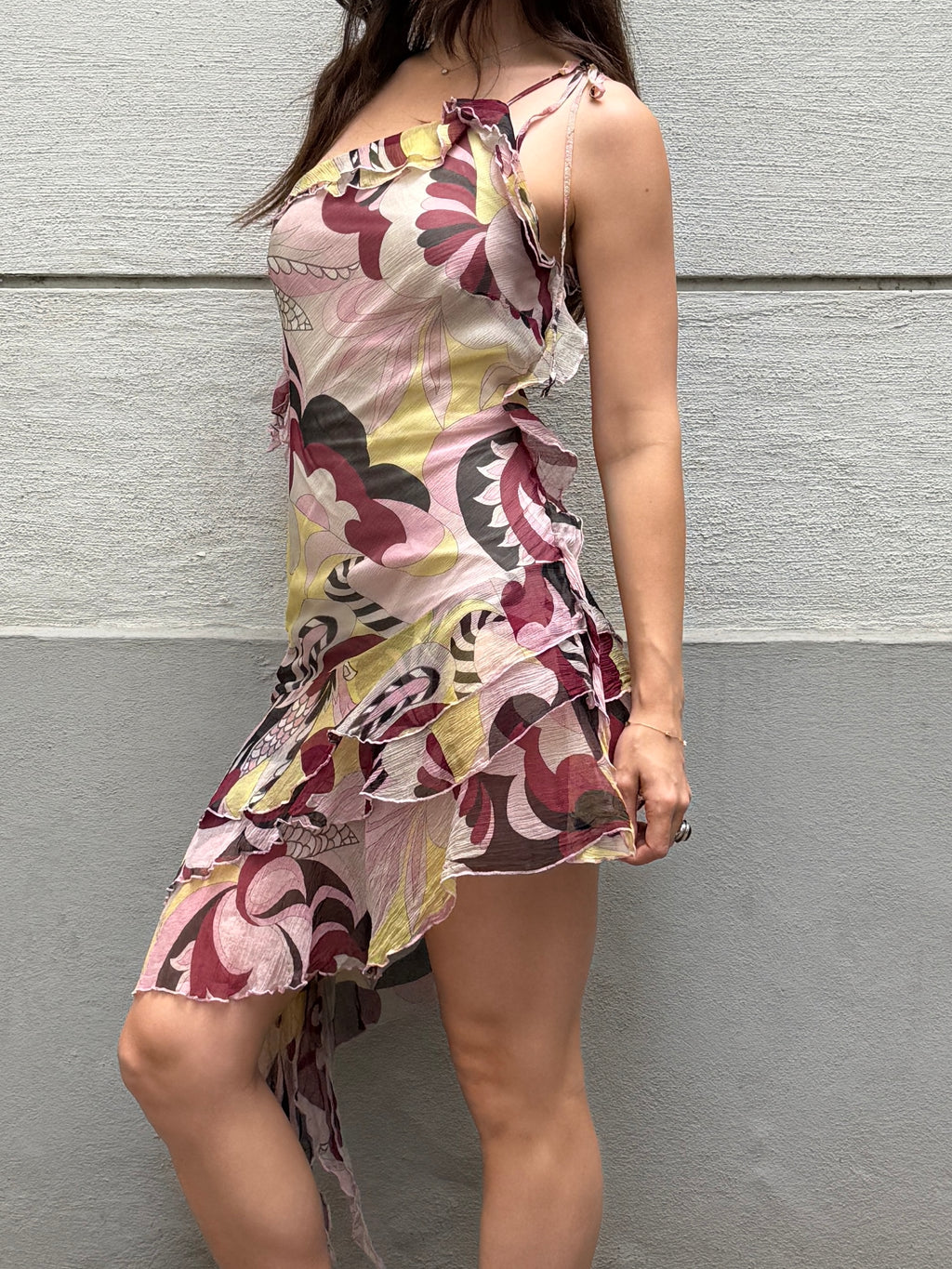 Vintage Y2K 100% Silk Ruffle Asymmetrical Mini Dress S/M