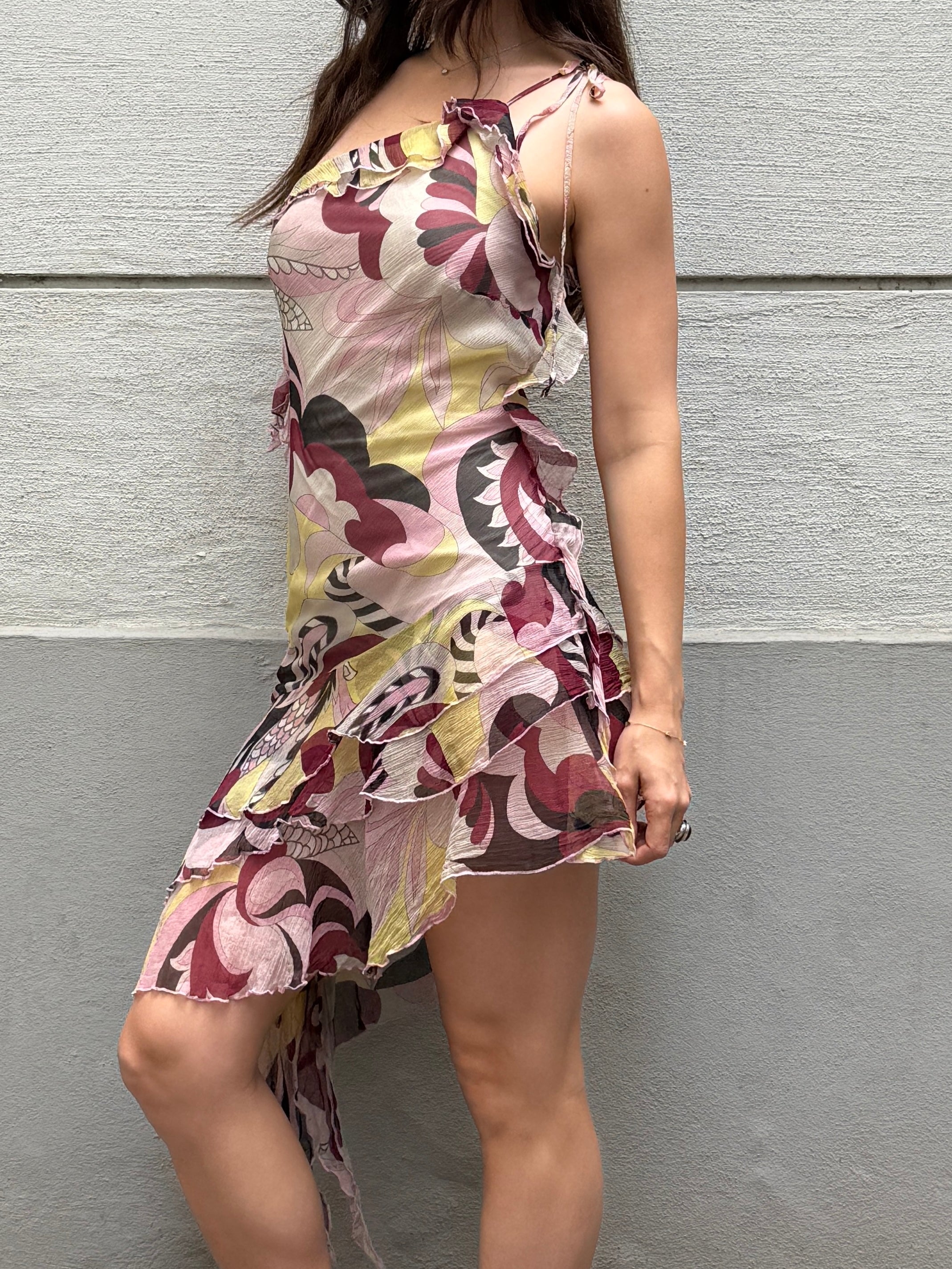 Vintage Y2K 100% Silk Ruffle Asymmetrical Mini Dress S/M